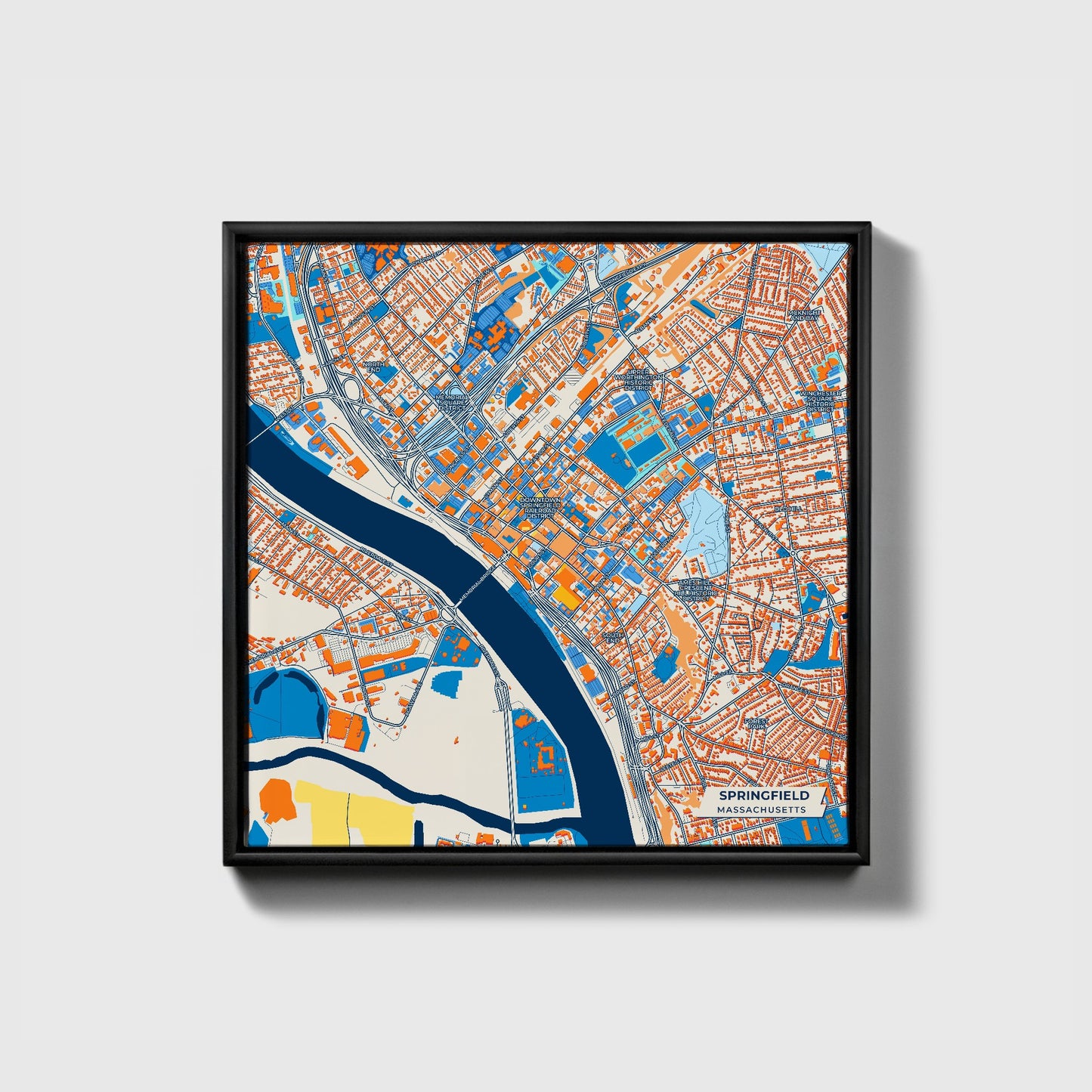 Springfield Massachusetts Colorful City Map Canvas Print • Black Framed