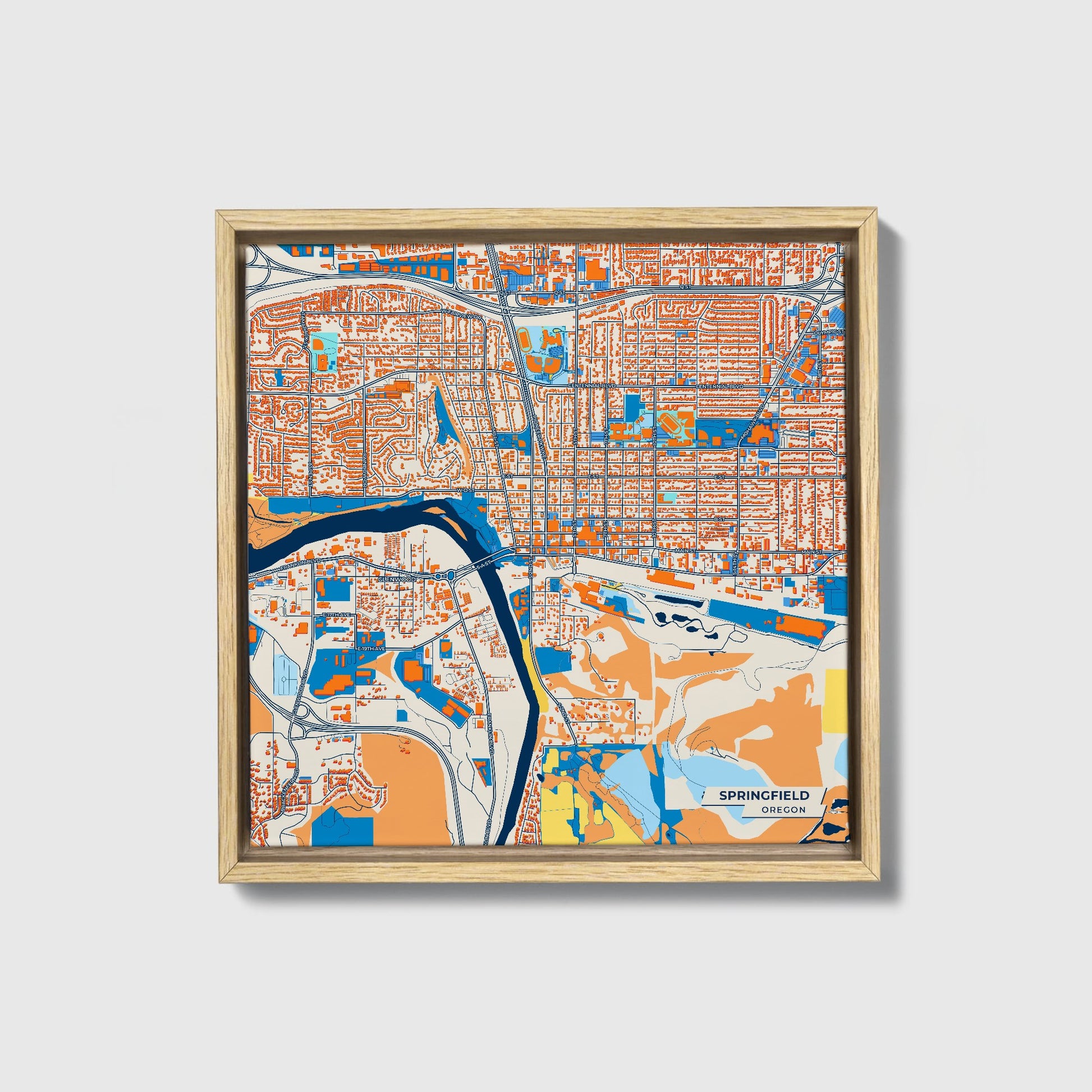Springfield Oregon Colorful City Map Canvas Print • Natural Wooden Framed