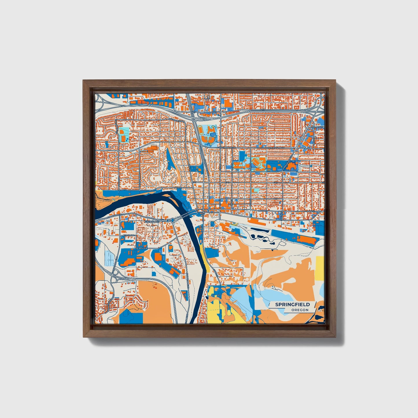 Springfield Oregon Colorful City Map Canvas Print • Dark Wooden Framed
