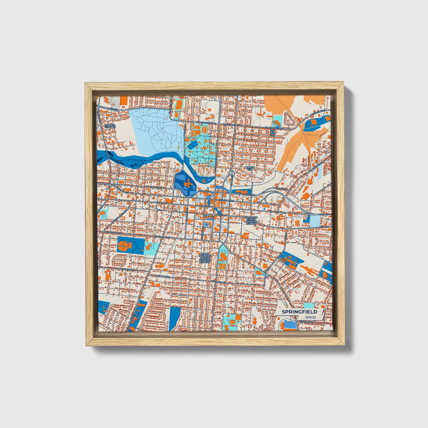 Springfield Ohio Colorful City Map Canvas Print • Natural Wooden Framed