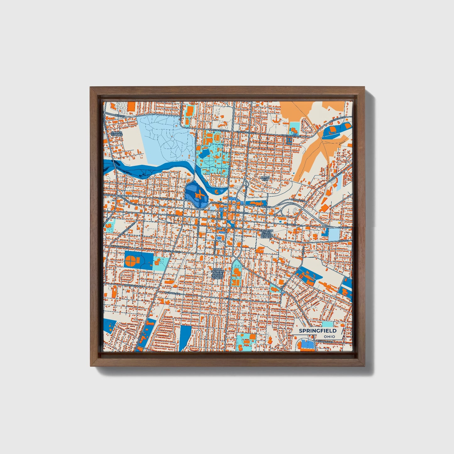 Springfield Ohio Colorful City Map Canvas Print • Dark Wooden Framed