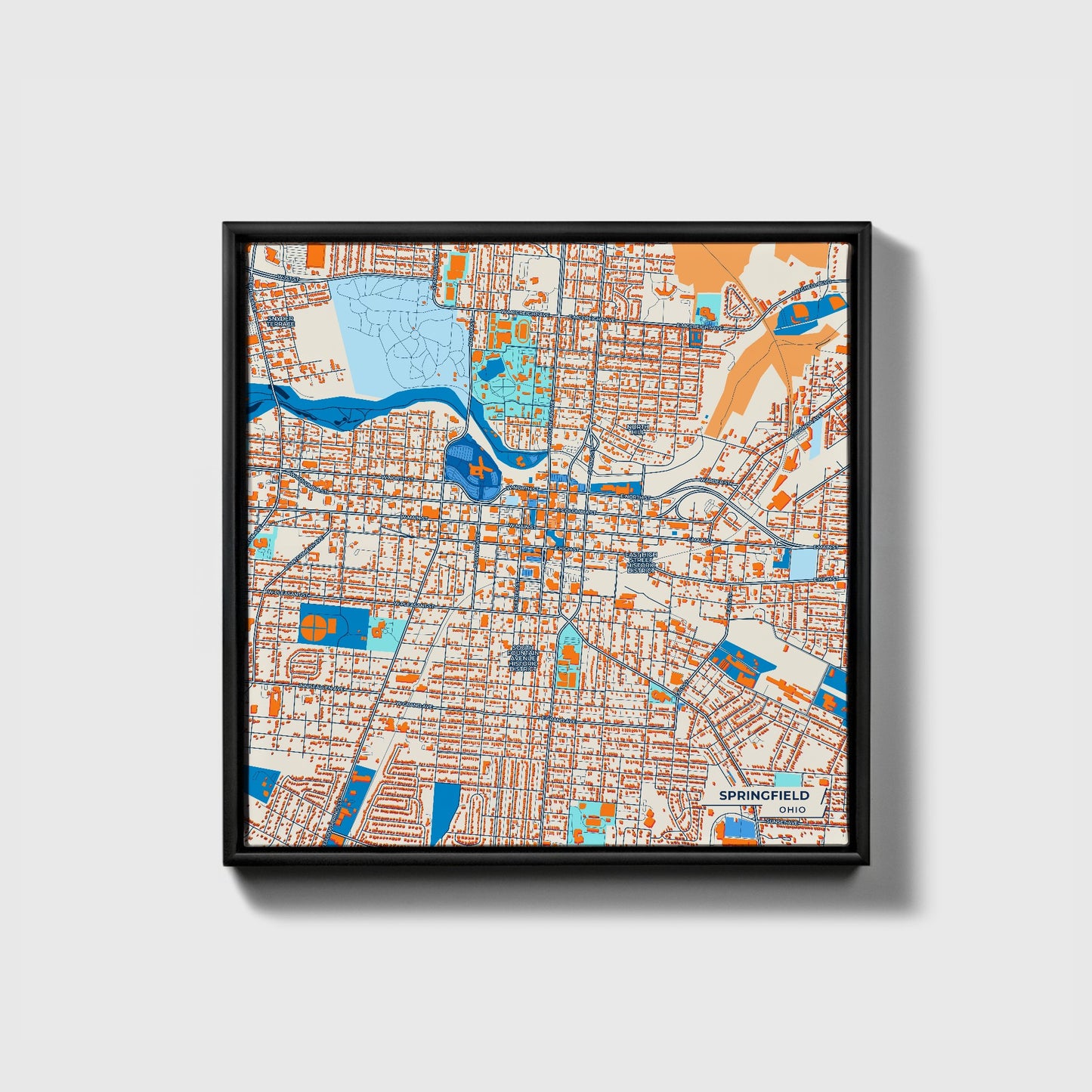 Springfield Ohio Colorful City Map Canvas Print • Black Framed