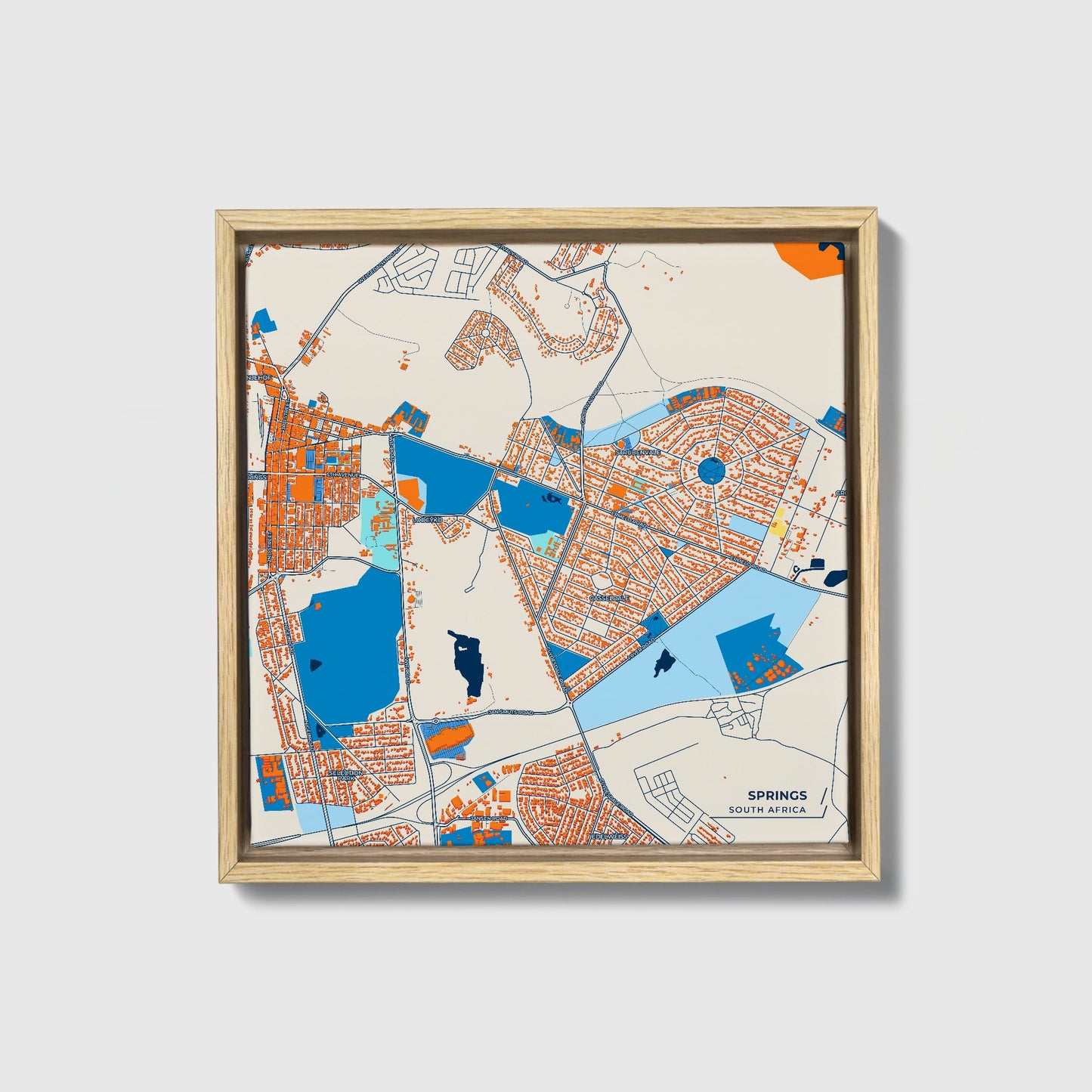 Springs South Africa Colorful City Map Canvas Print • Natural Wooden Framed