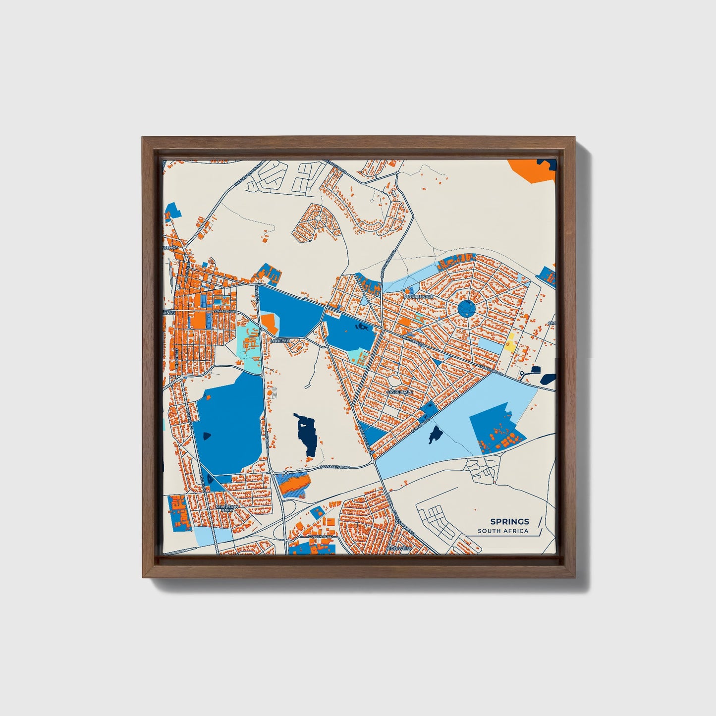 Springs South Africa Colorful City Map Canvas Print • Dark Wooden Framed