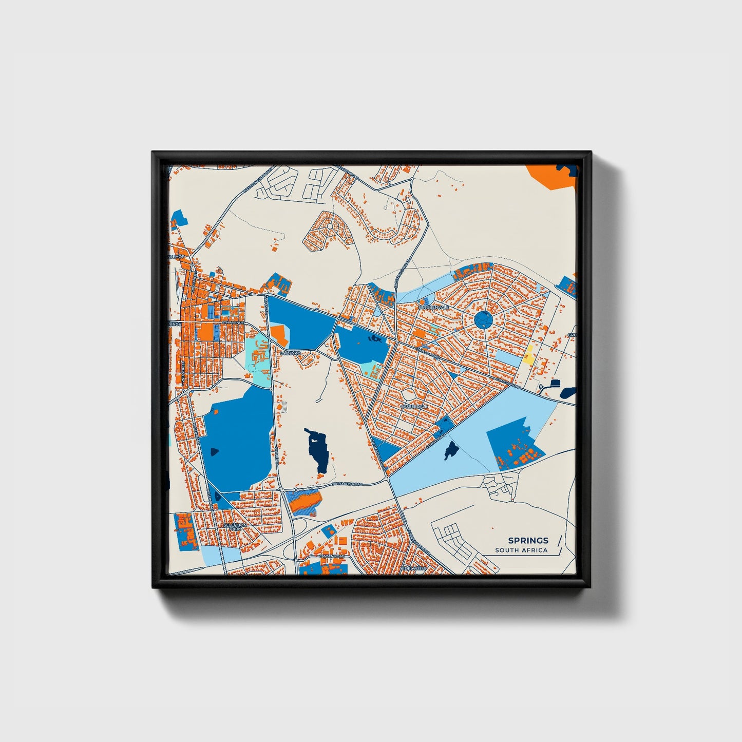 Springs South Africa Colorful City Map Canvas Print • Black Framed