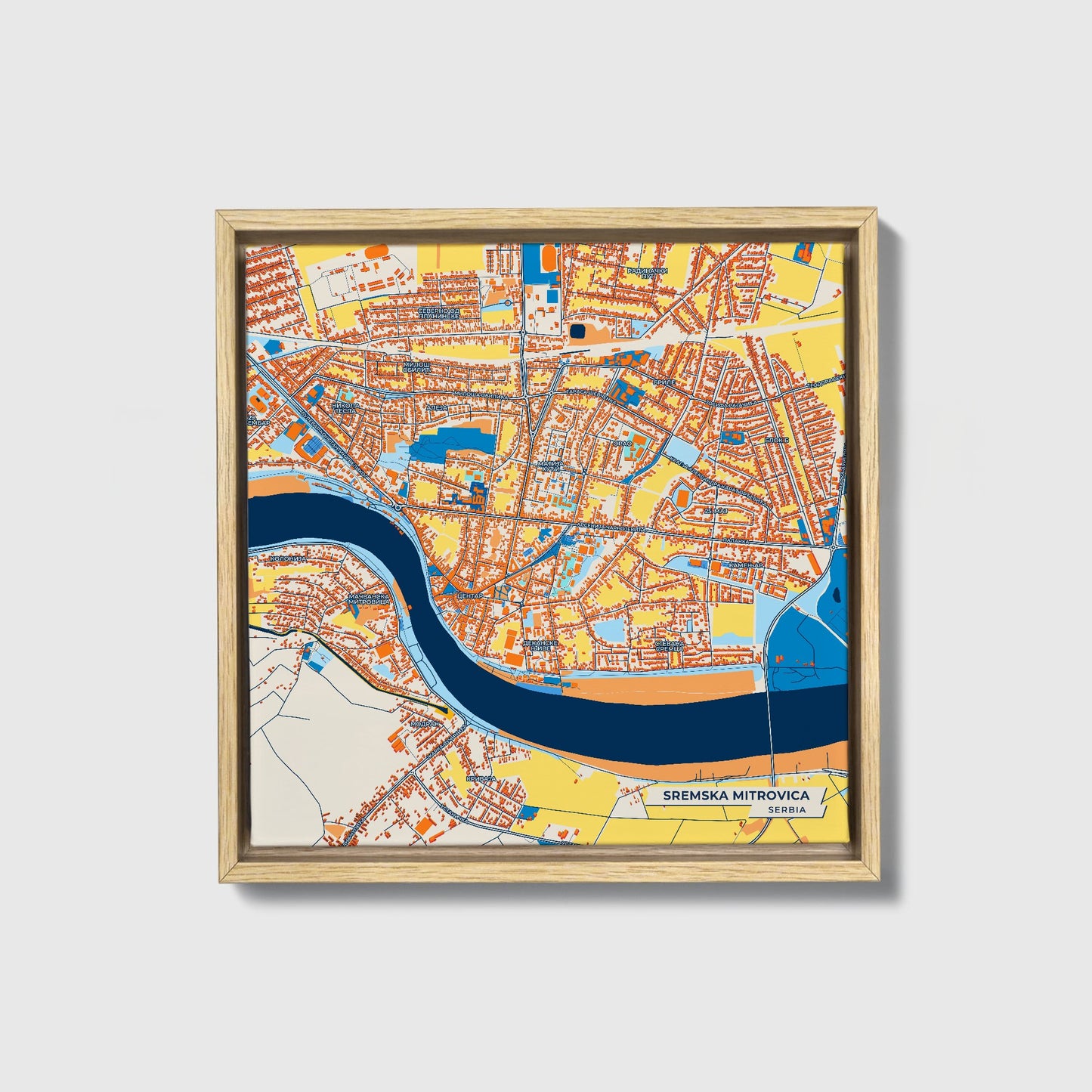 Сремска Митровица Serbia Colorful City Map Canvas Print • Natural Wooden Framed