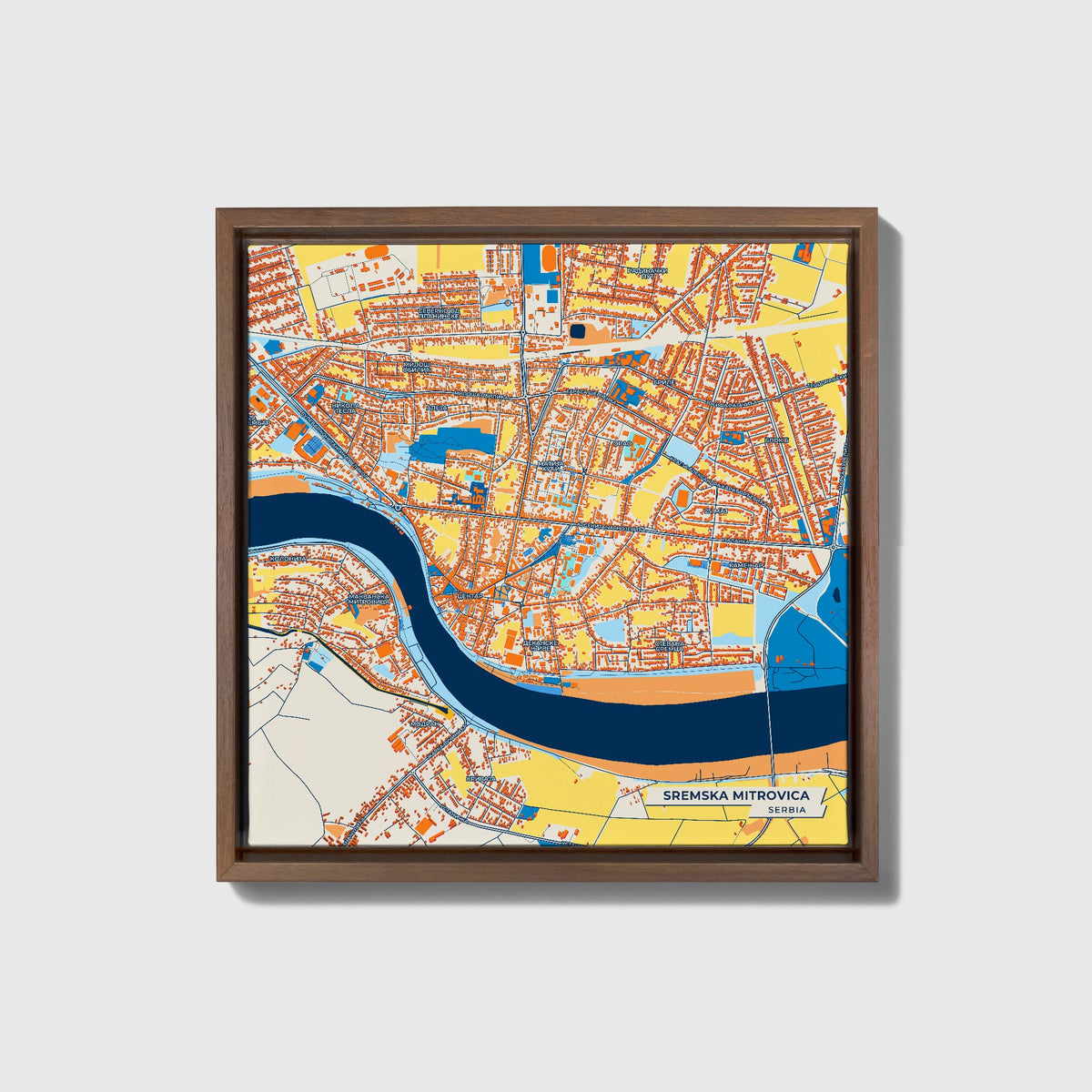 Сремска Митровица Serbia Colorful City Map Canvas Print • Dark Wooden Framed
