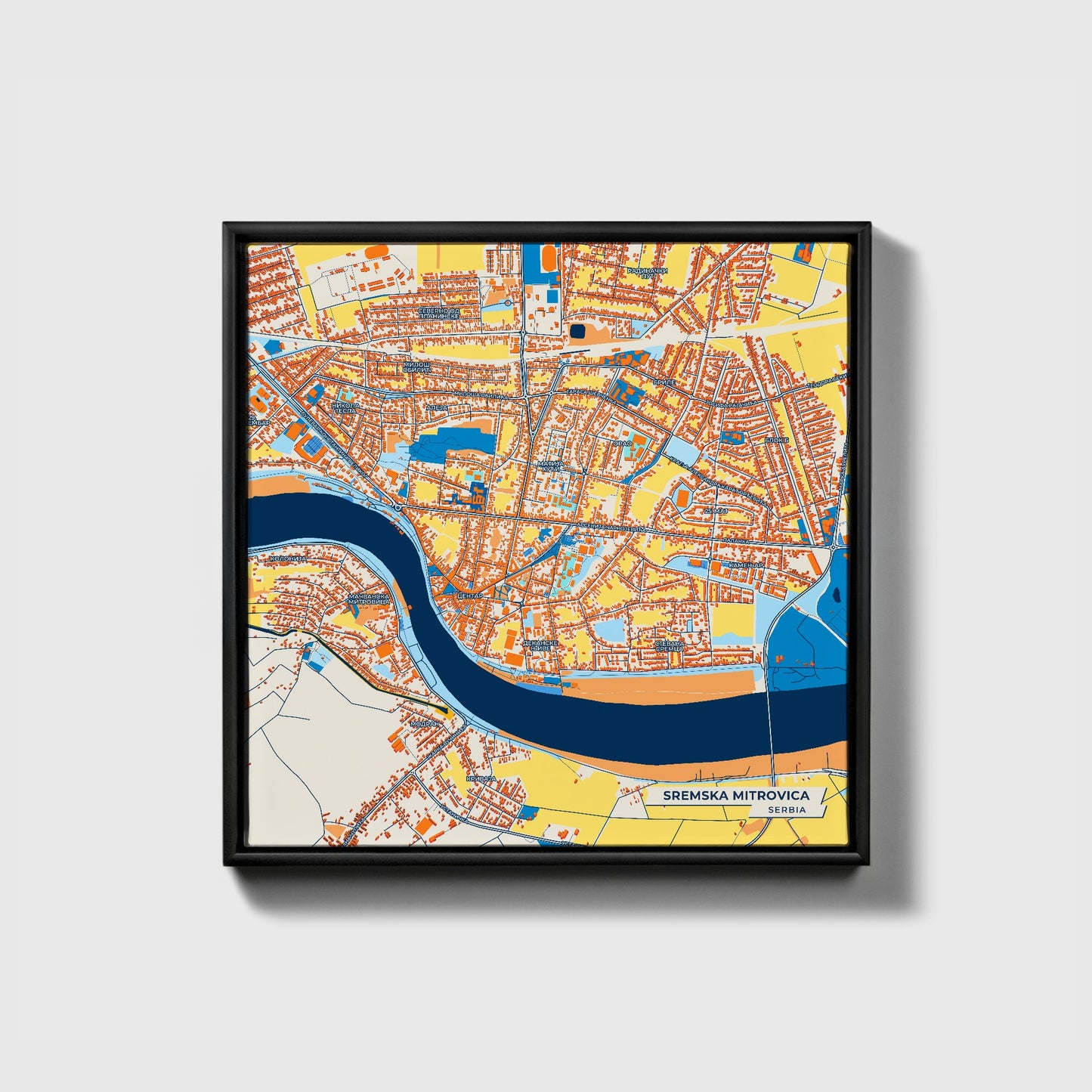 Сремска Митровица Serbia Colorful City Map Canvas Print • Black Framed