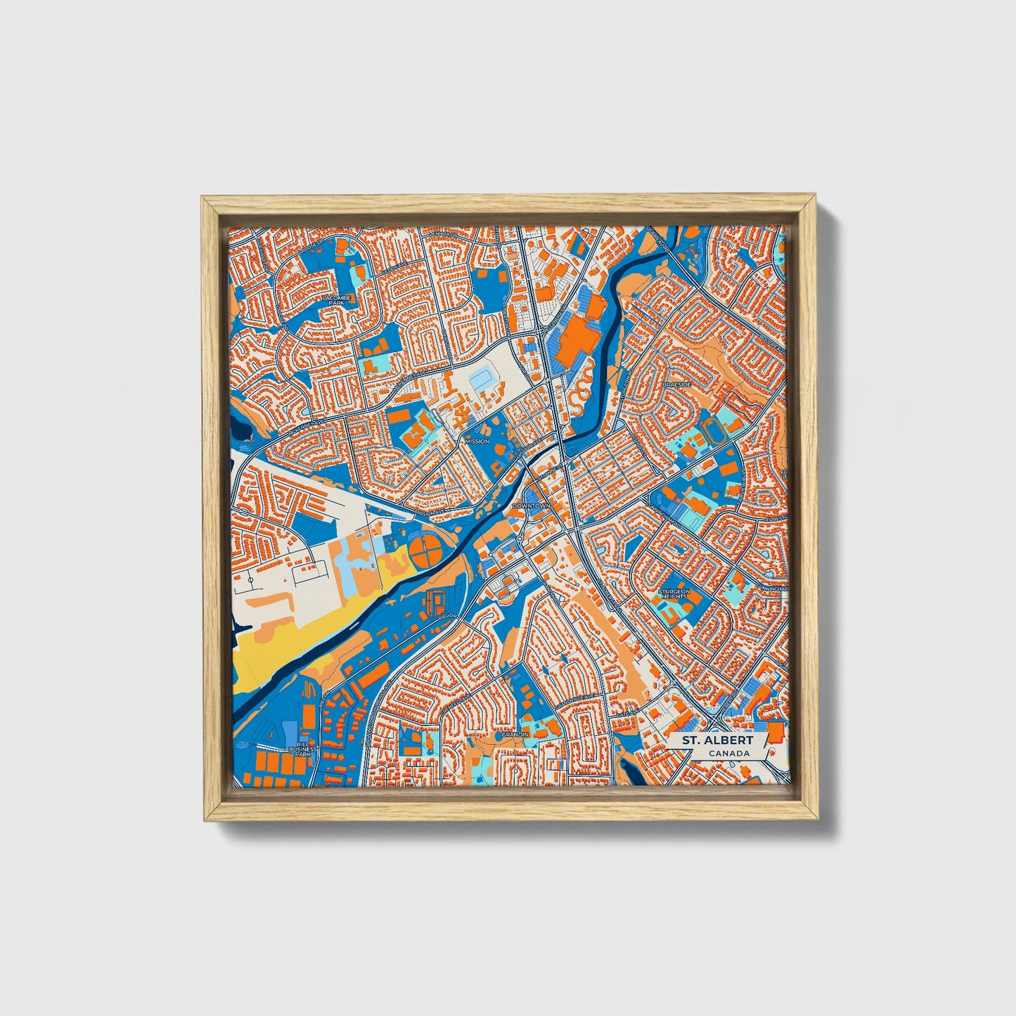 St. Albert Canada Colorful City Map Canvas Print • Natural Wooden Framed