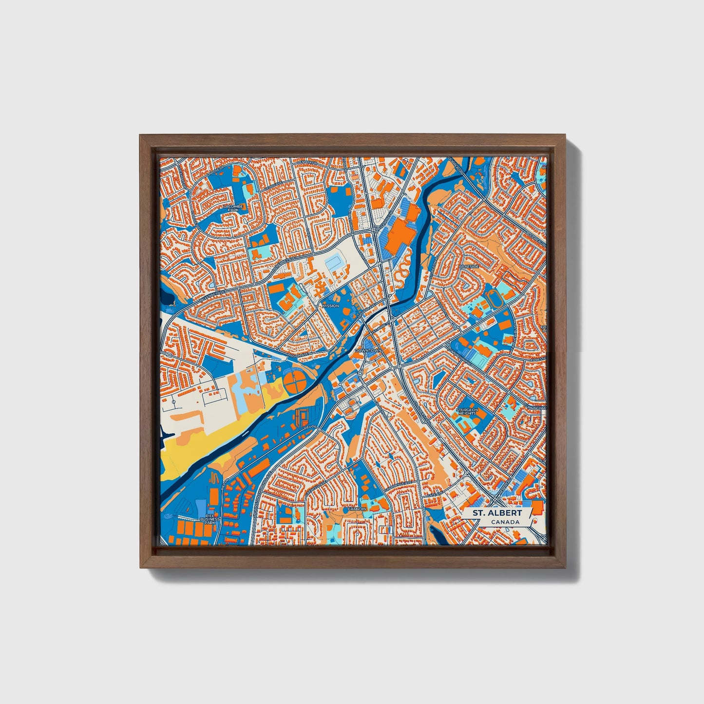 St. Albert Canada Colorful City Map Canvas Print • Dark Wooden Framed