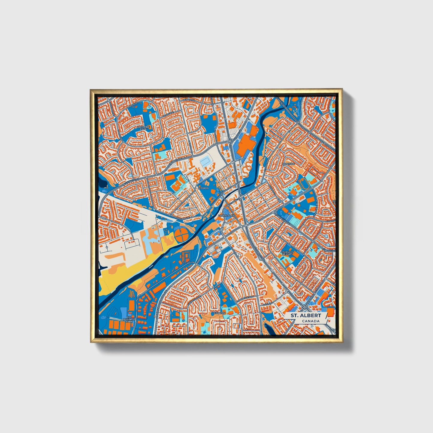 St. Albert Canada Colorful City Map Canvas Print • Gold Framed