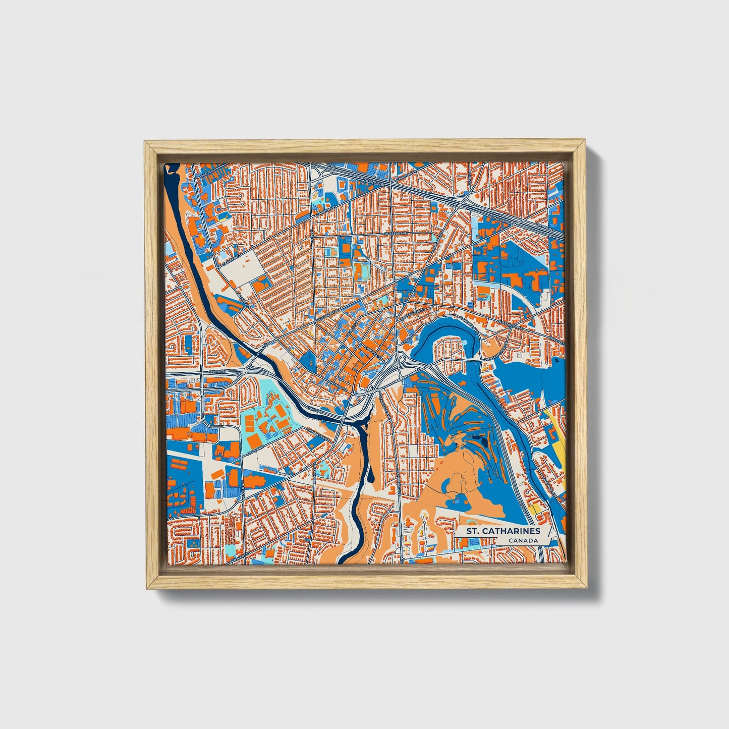 St. Catharines Canada Colorful City Map Canvas Print • Natural Wooden Framed