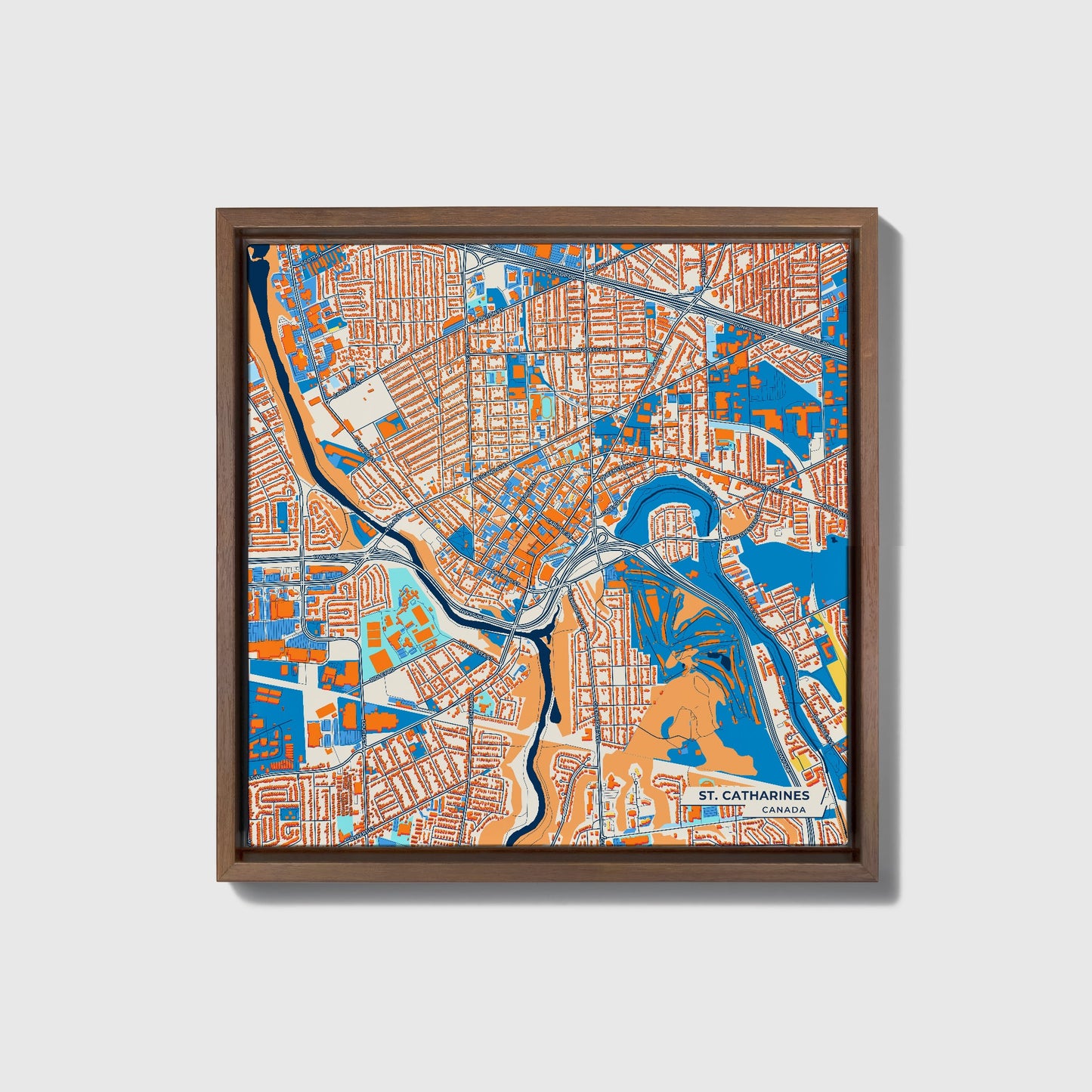 St. Catharines Canada Colorful City Map Canvas Print • Dark Wooden Framed