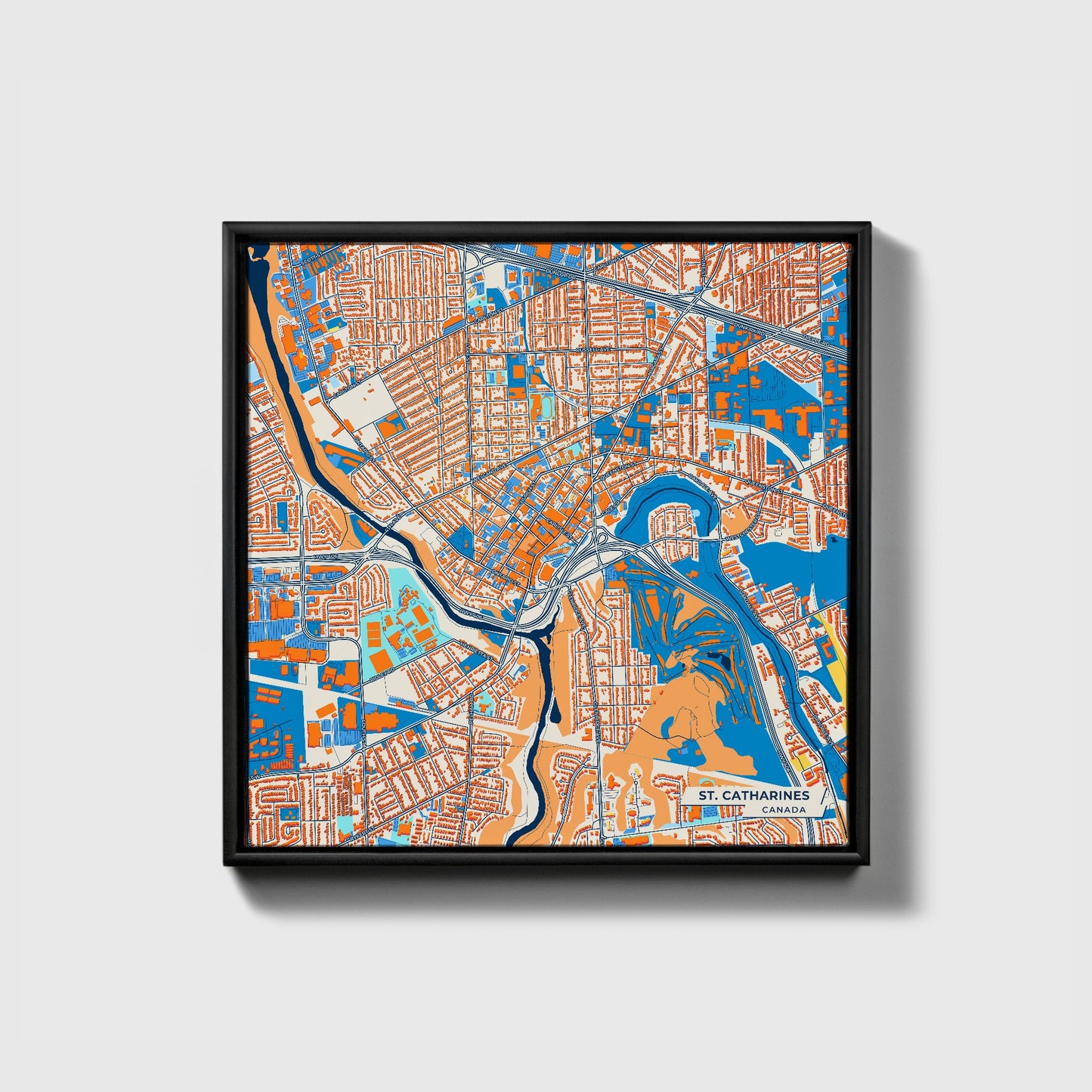 St. Catharines Canada Colorful City Map Canvas Print • Black Framed
