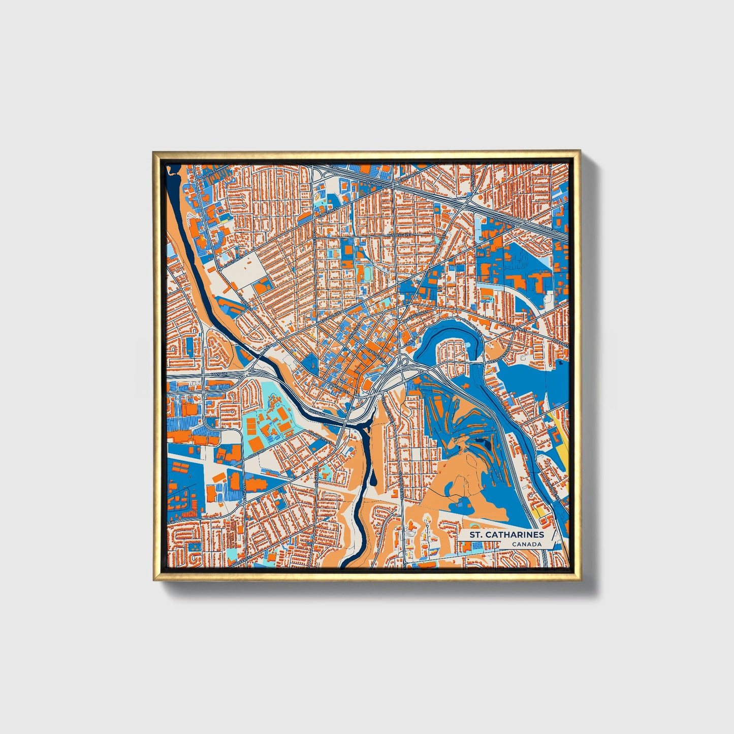 St. Catharines Canada Colorful City Map Canvas Print • Gold Framed