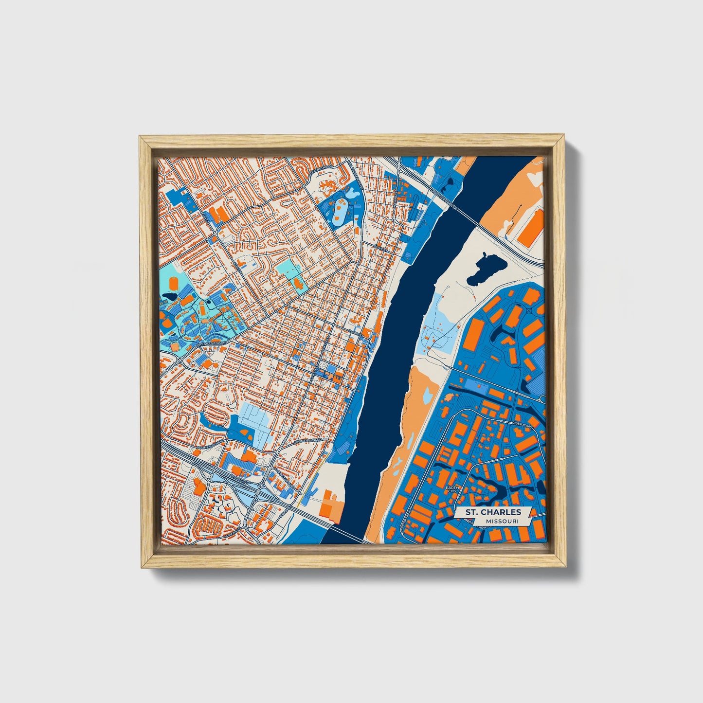 St. Charles Missouri Colorful City Map Canvas Print • Natural Wooden Framed