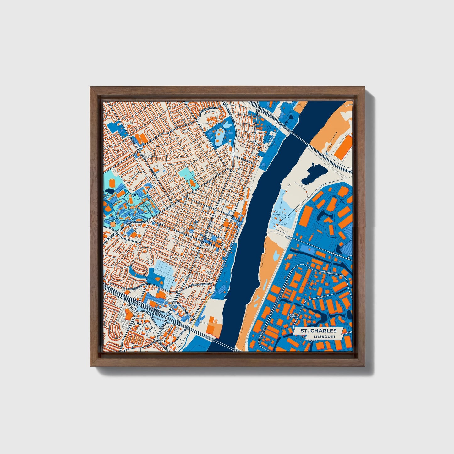 St. Charles Missouri Colorful City Map Canvas Print • Dark Wooden Framed