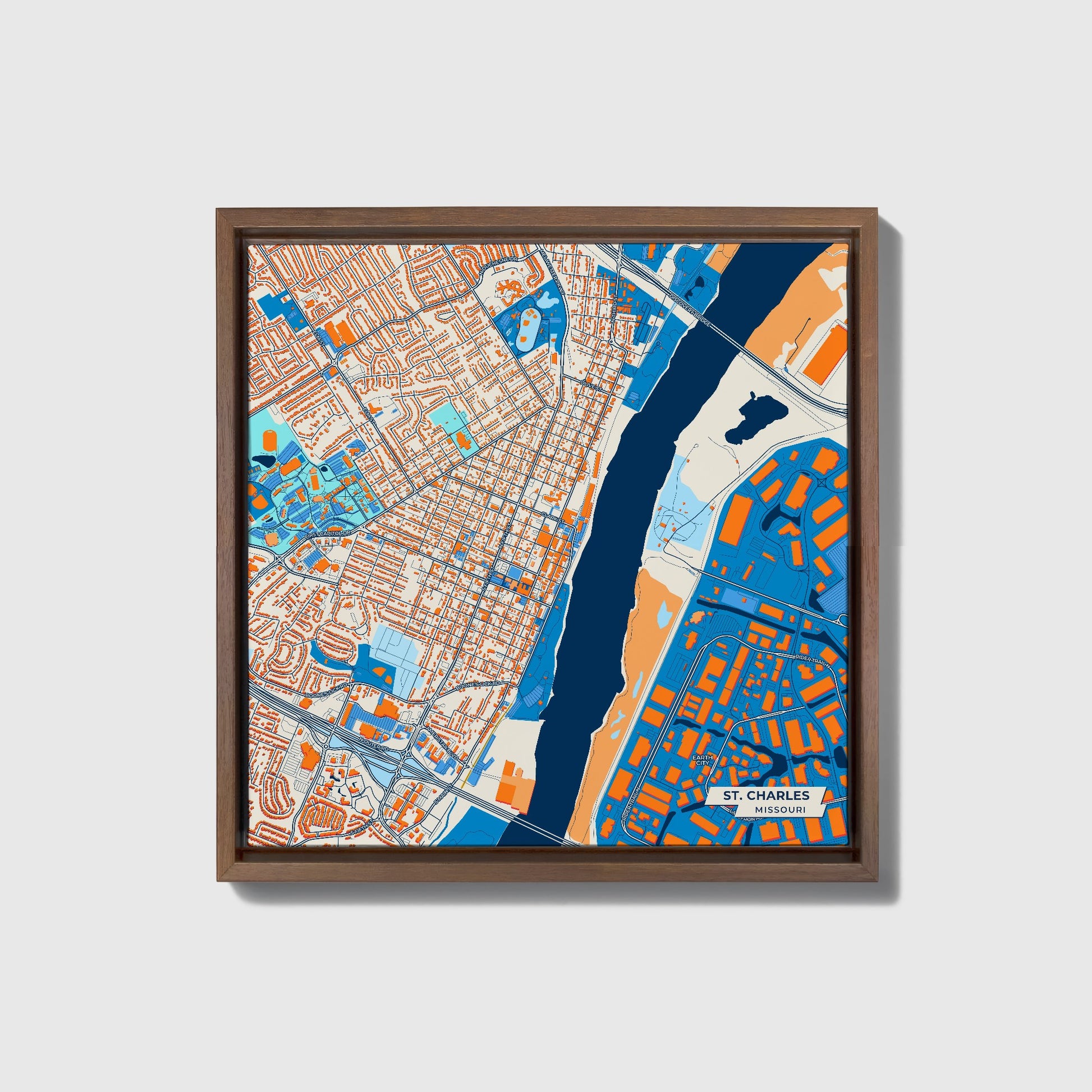 St. Charles Missouri Colorful City Map Canvas Print • Dark Wooden Framed