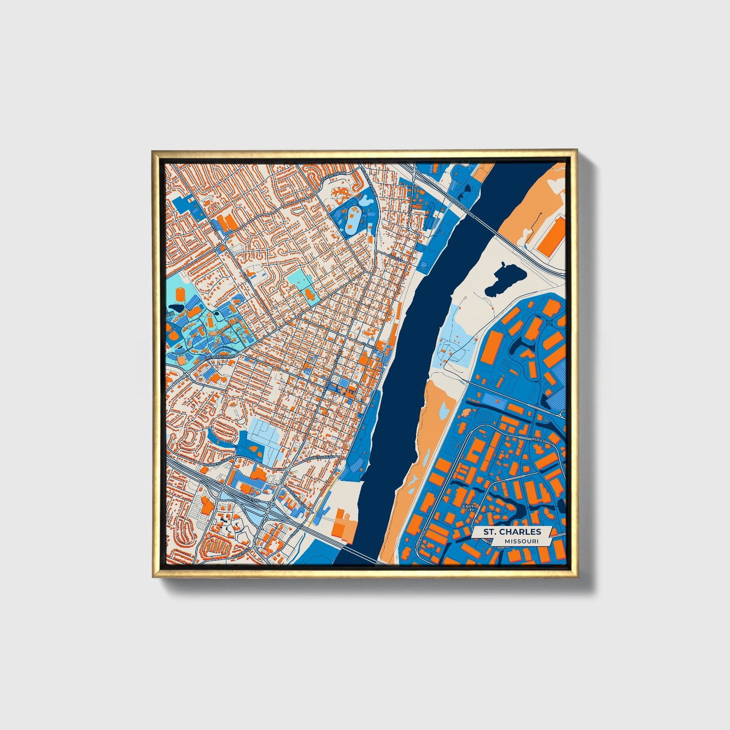 St. Charles Missouri Colorful City Map Canvas Print • Gold Framed
