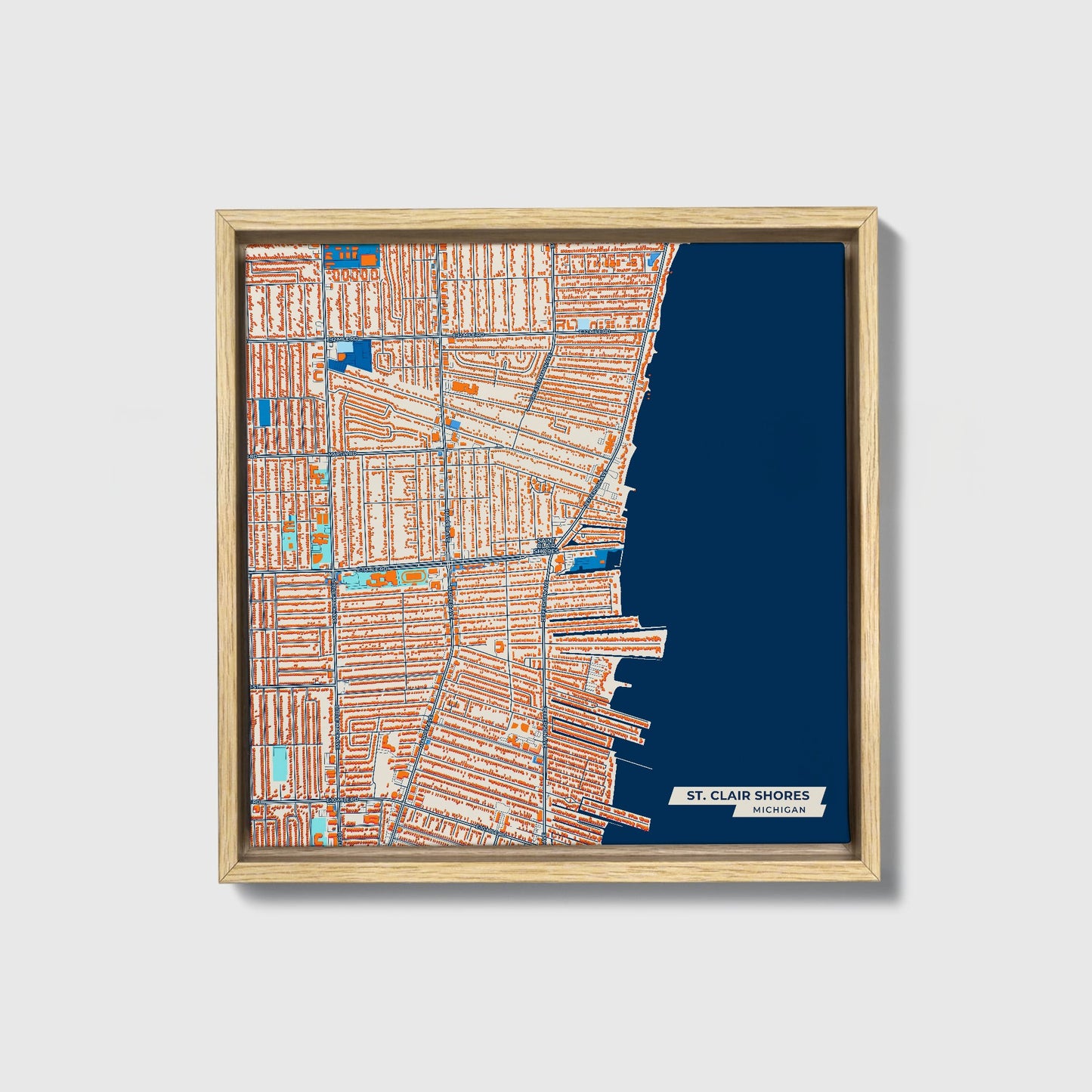 St. Clair Shores Michigan Colorful City Map Canvas Print • Natural Wooden Framed