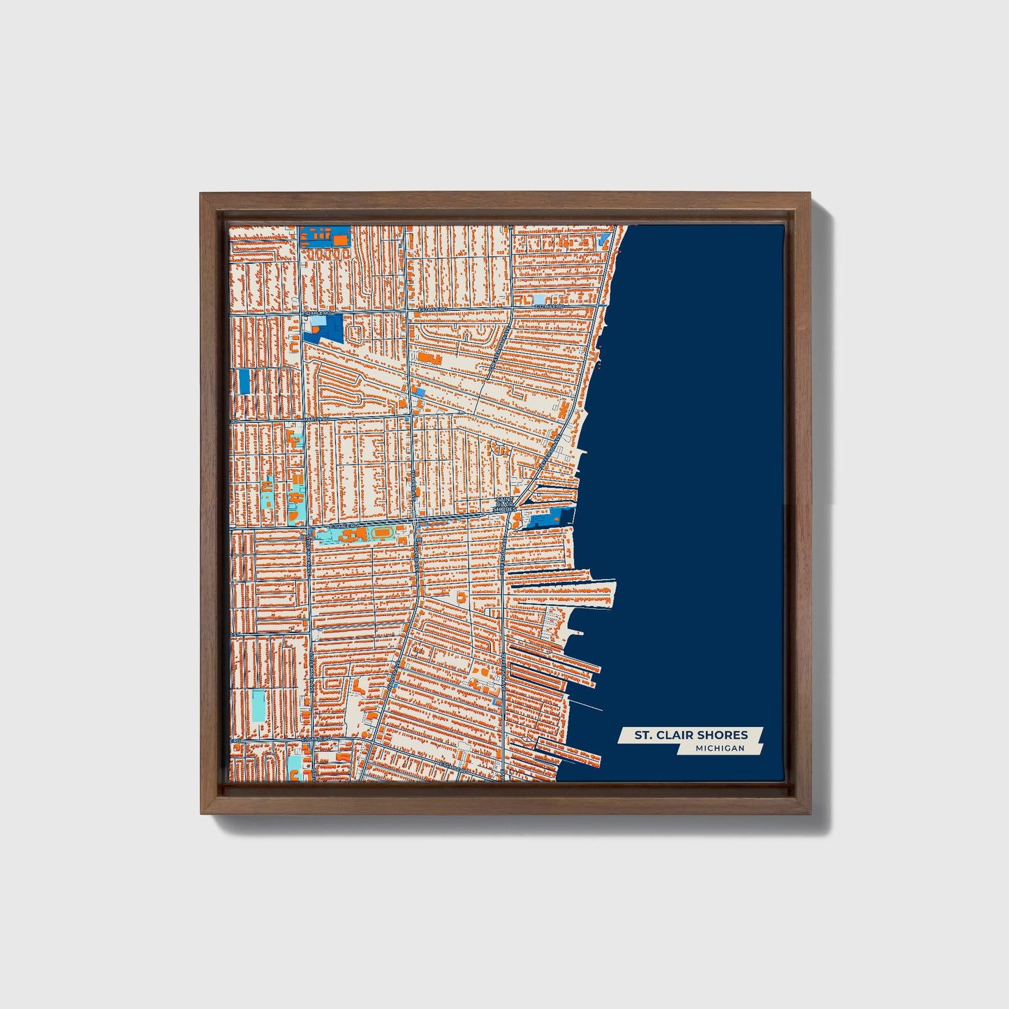 St. Clair Shores Michigan Colorful City Map Canvas Print • Dark Wooden Framed