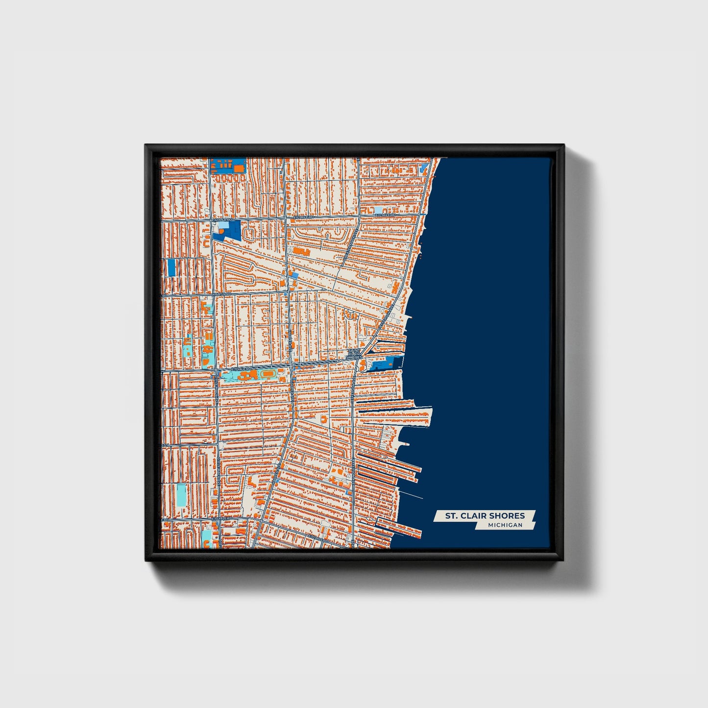St. Clair Shores Michigan Colorful City Map Canvas Print • Black Framed