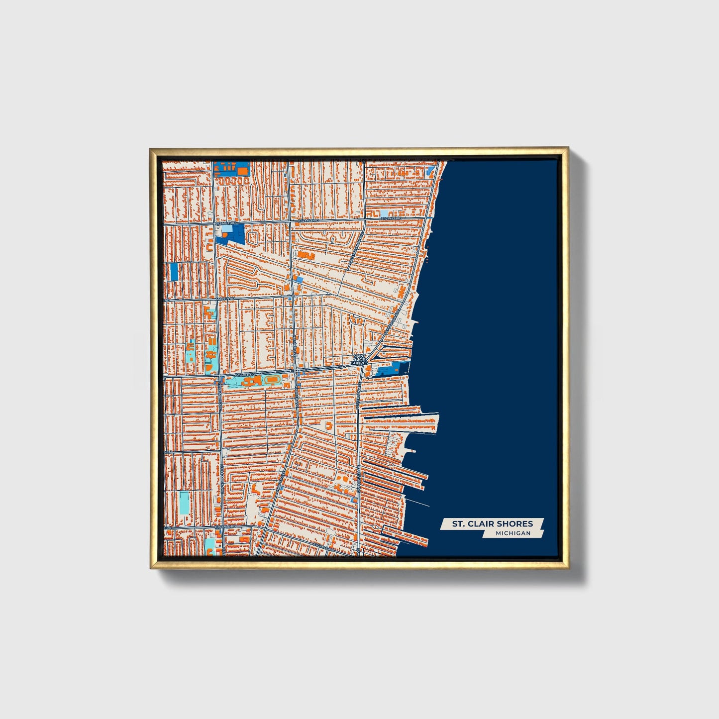 St. Clair Shores Michigan Colorful City Map Canvas Print • Gold Framed