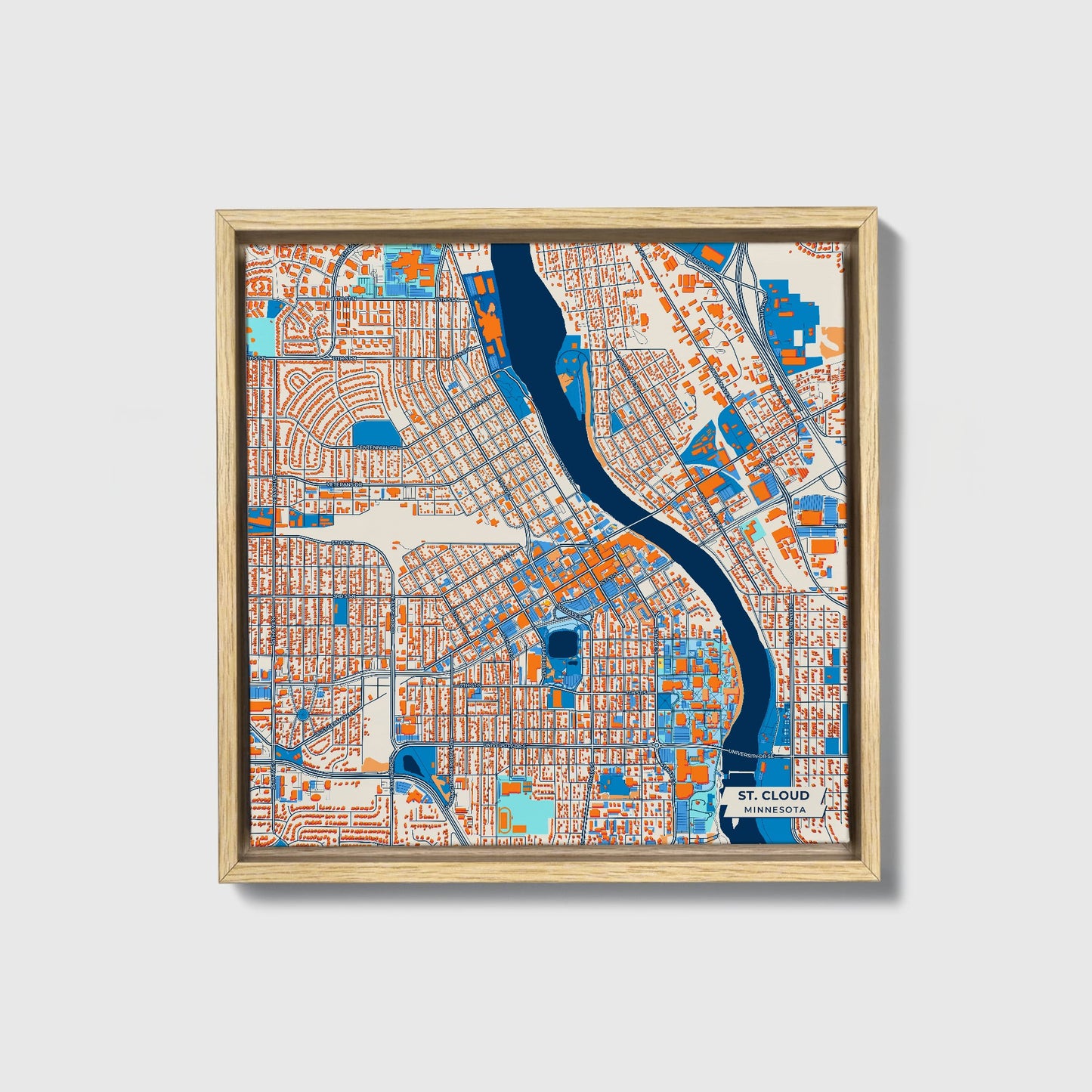 St. Cloud Minnesota Colorful City Map Canvas Print • Natural Wooden Framed