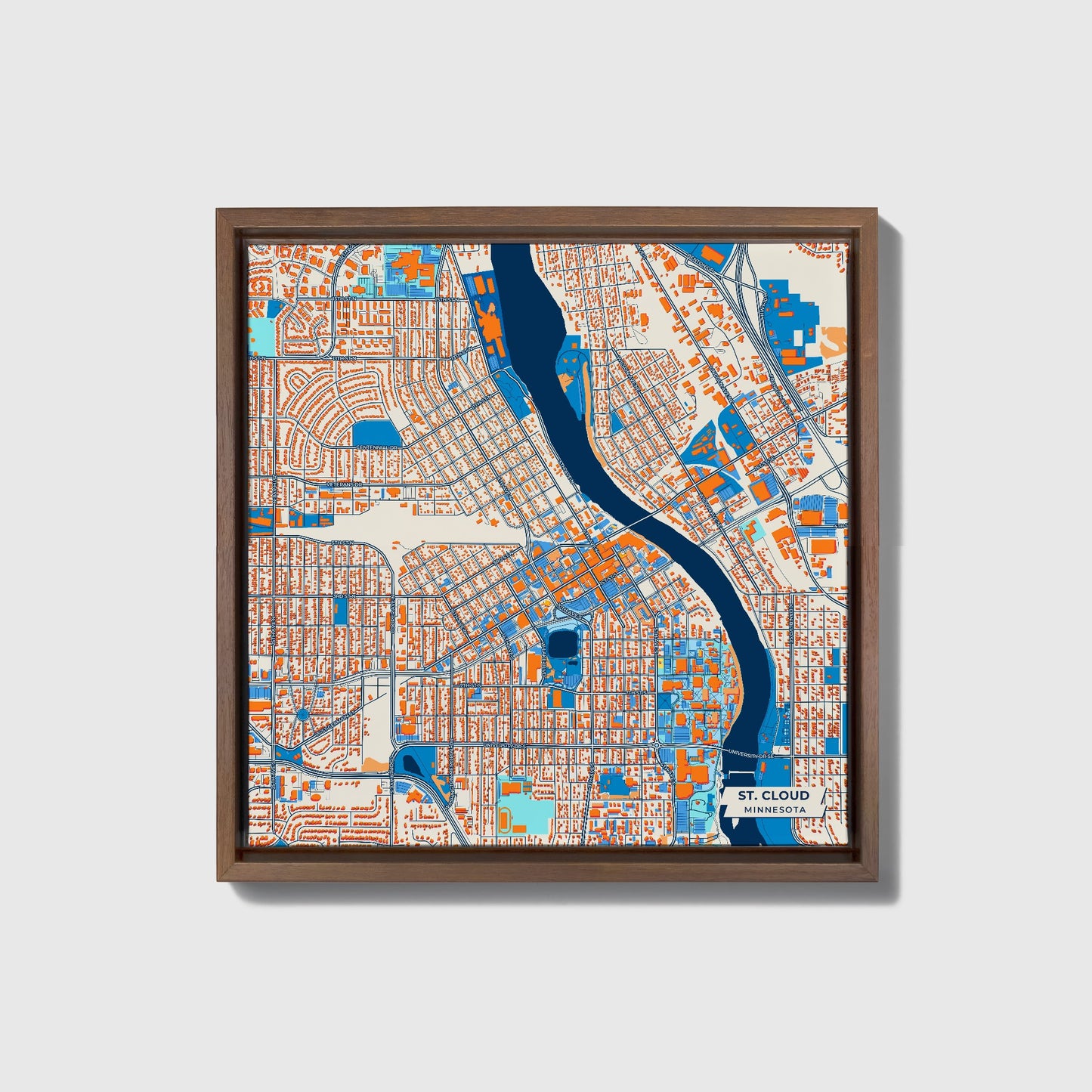 St. Cloud Minnesota Colorful City Map Canvas Print • Dark Wooden Framed