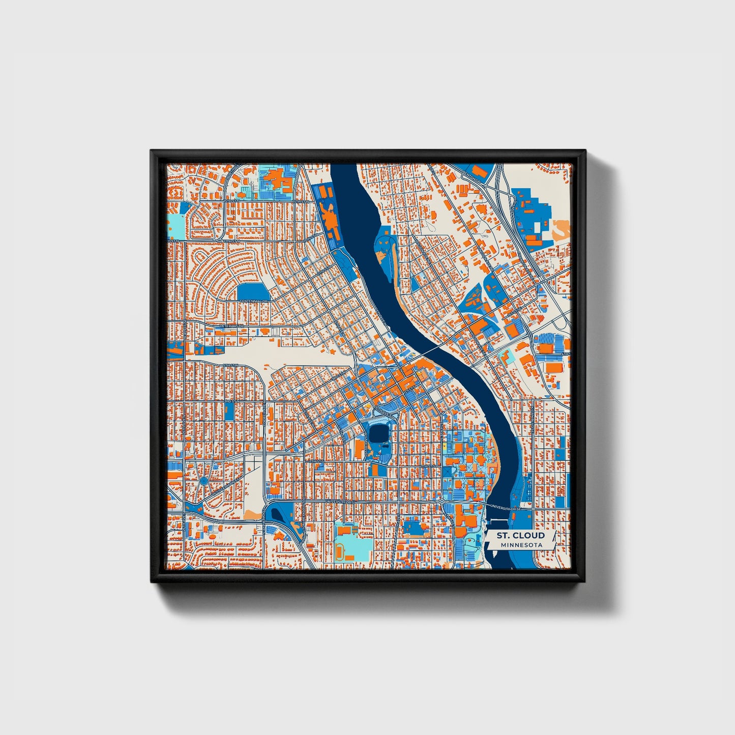 St. Cloud Minnesota Colorful City Map Canvas Print • Black Framed