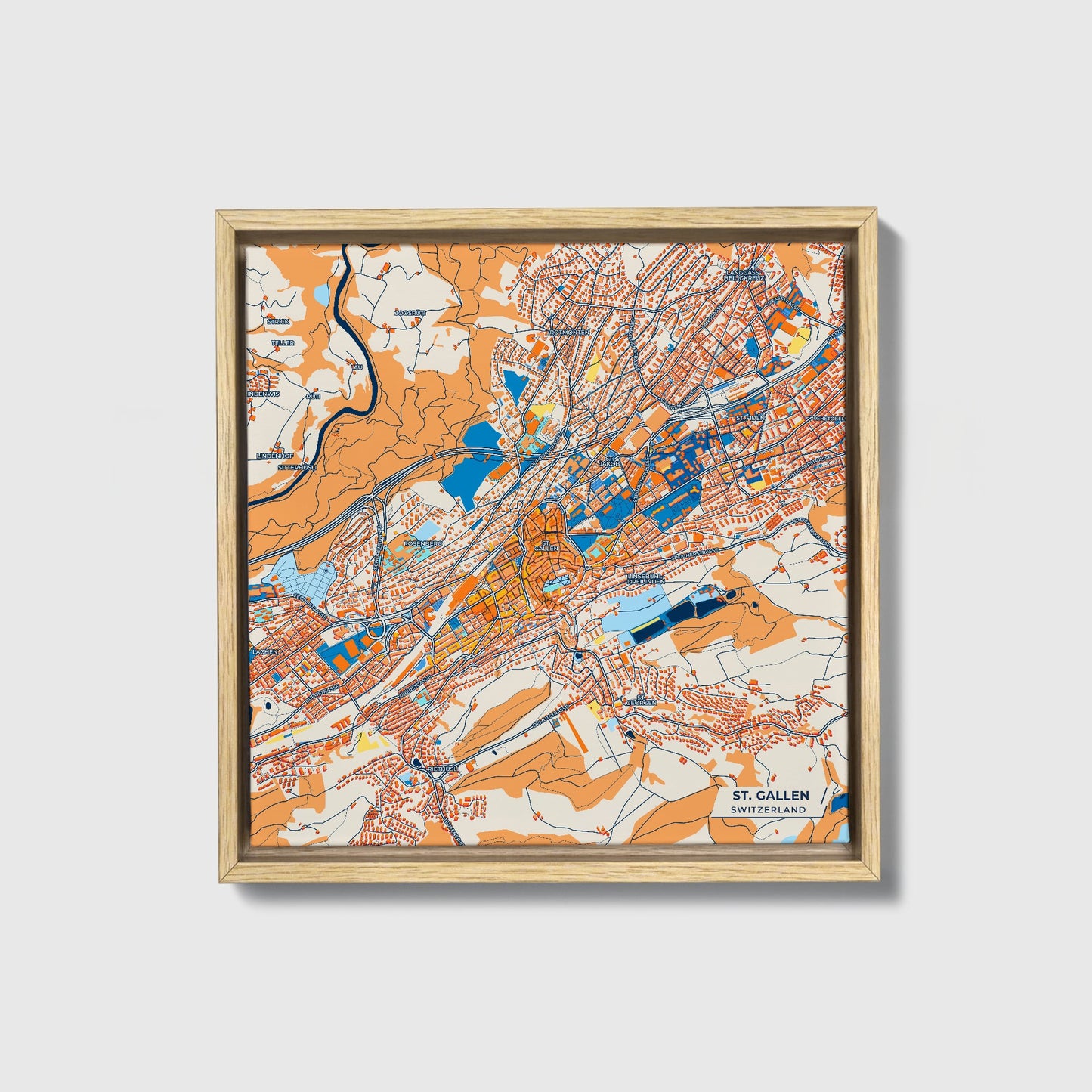 St. Gallen Switzerland Colorful City Map Canvas Print • Natural Wooden Framed