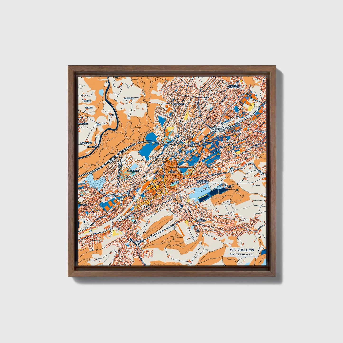 St. Gallen Switzerland Colorful City Map Canvas Print • Dark Wooden Framed
