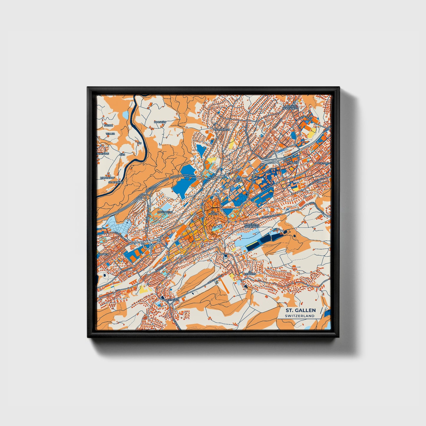 St. Gallen Switzerland Colorful City Map Canvas Print • Black Framed