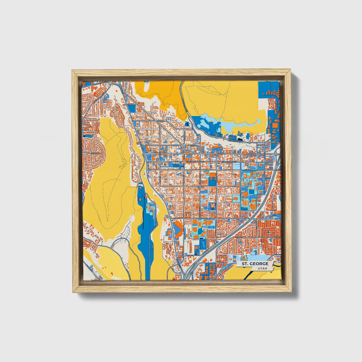 St. George Utah Colorful City Map Canvas Print • Natural Wooden Framed