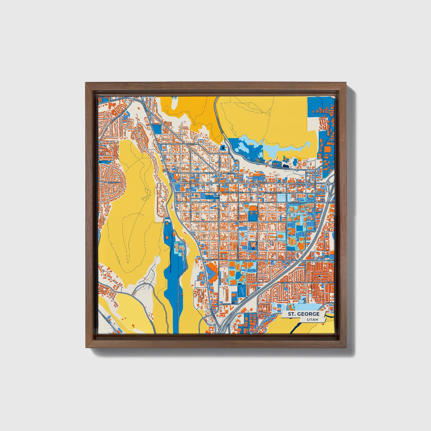 St. George Utah Colorful City Map Canvas Print • Dark Wooden Framed