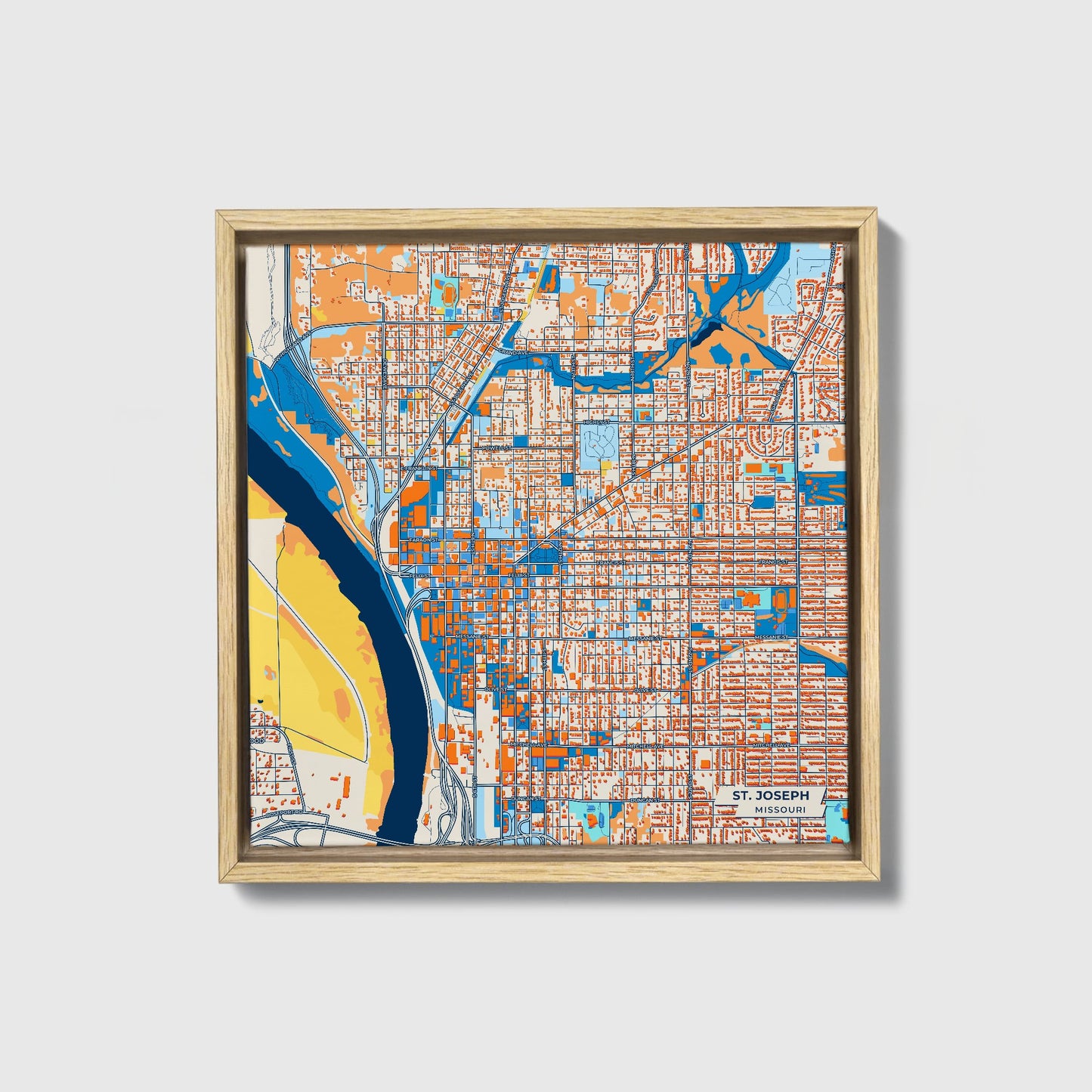 St. Joseph Missouri Colorful City Map Canvas Print • Natural Wooden Framed