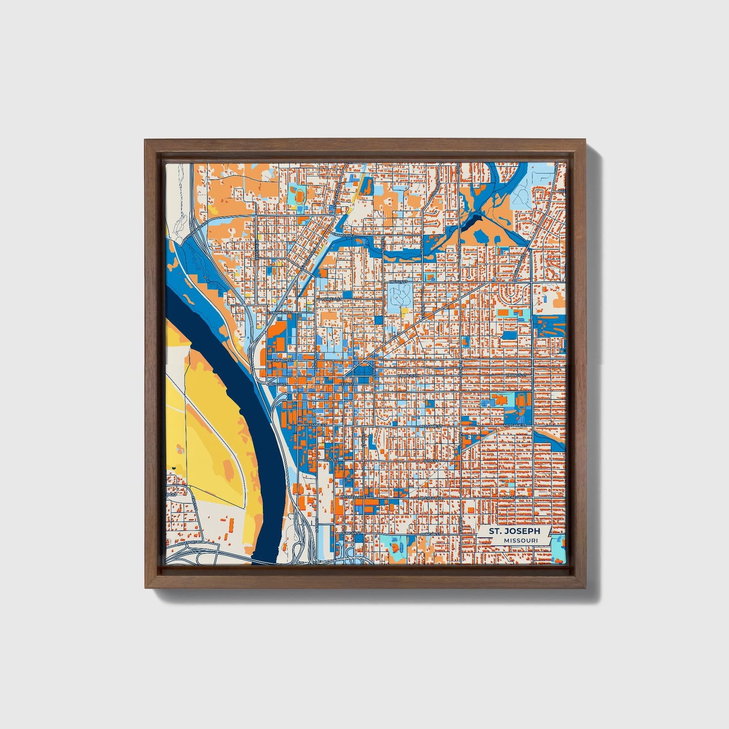 St. Joseph Missouri Colorful City Map Canvas Print • Dark Wooden Framed