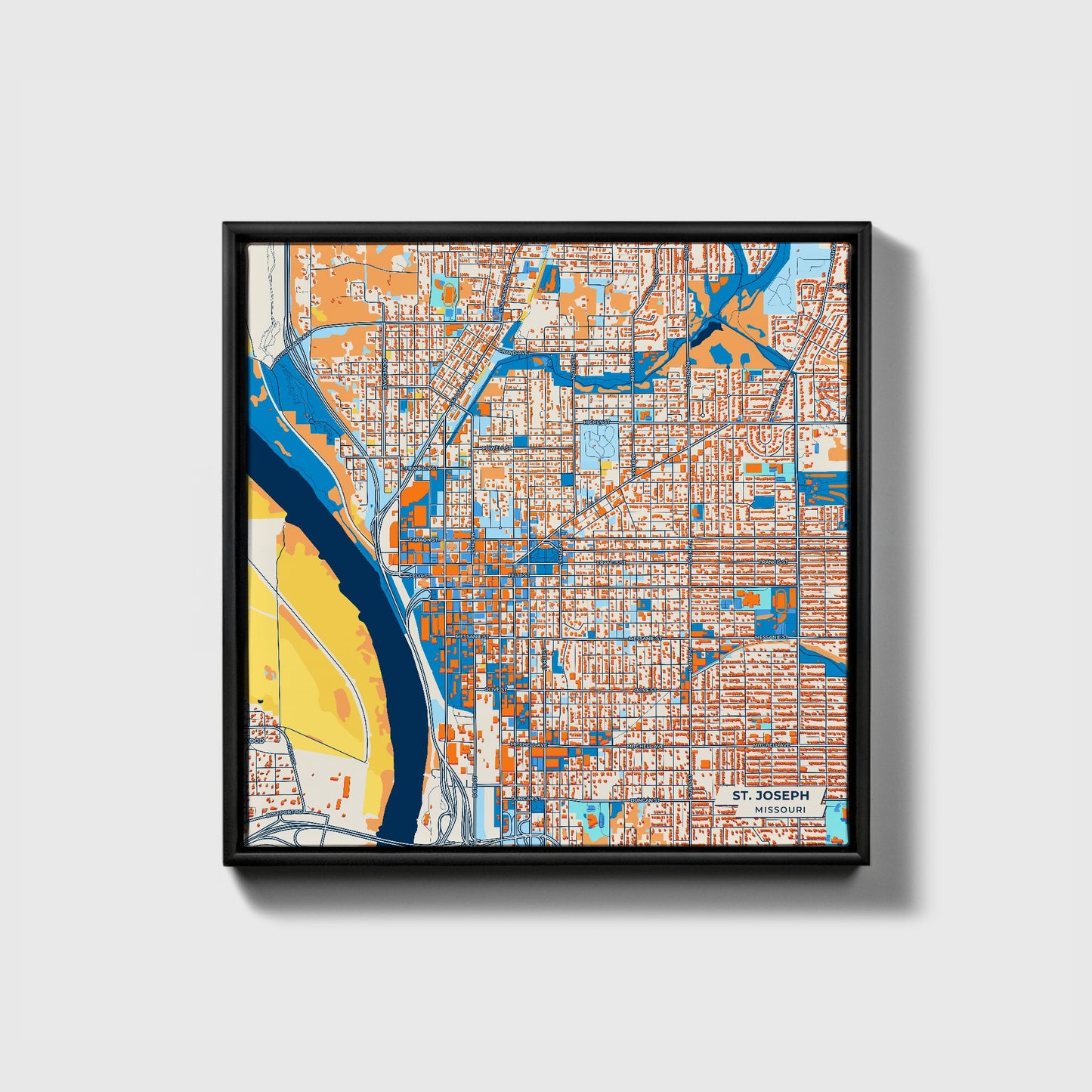 St. Joseph Missouri Colorful City Map Canvas Print • Black Framed