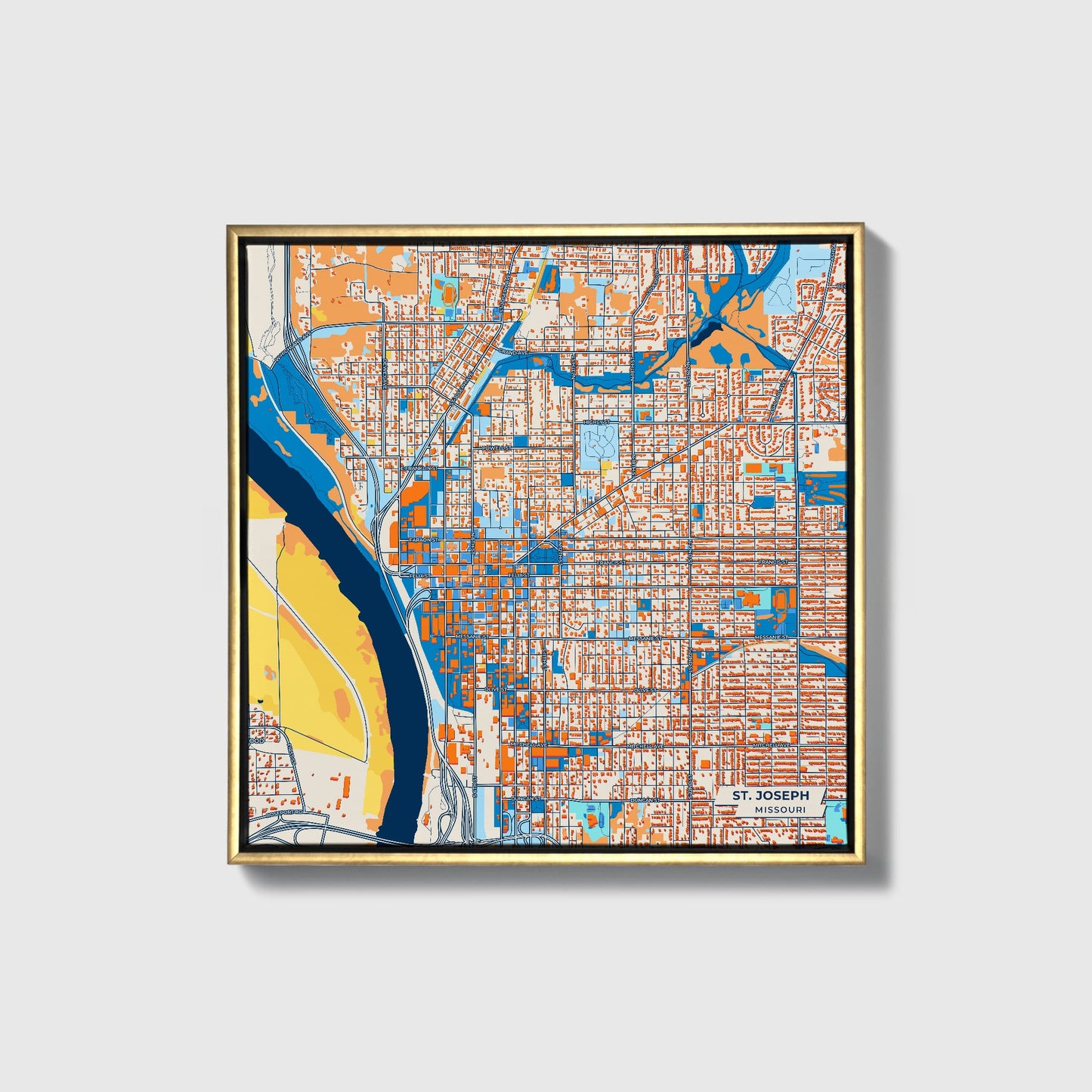St. Joseph Missouri Colorful City Map Canvas Print • Gold Framed