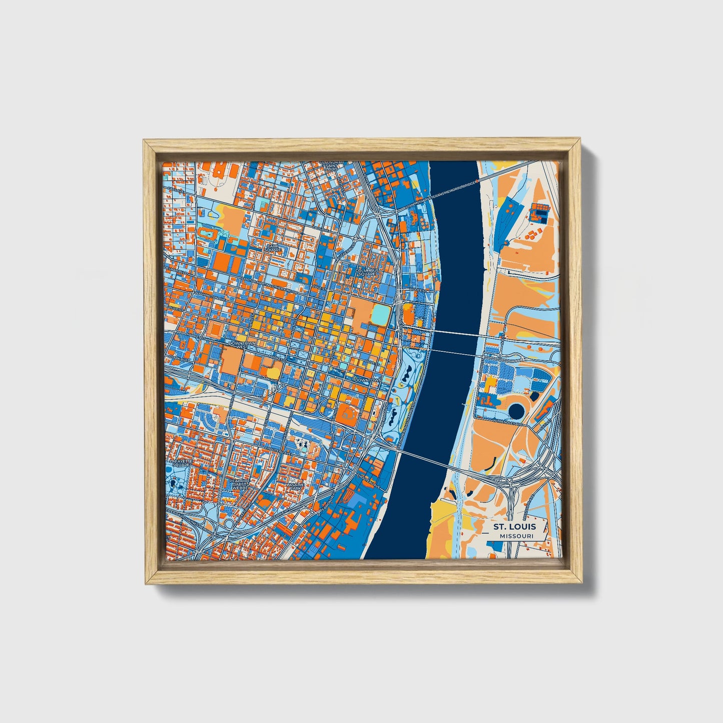 St. Louis Missouri Colorful City Map Canvas Print • Natural Wooden Framed