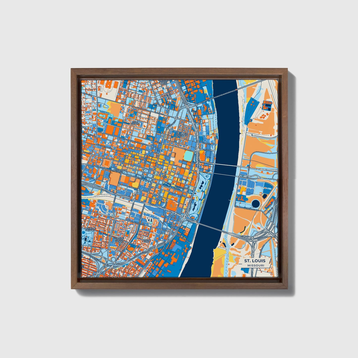 St. Louis Missouri Colorful City Map Canvas Print • Dark Wooden Framed