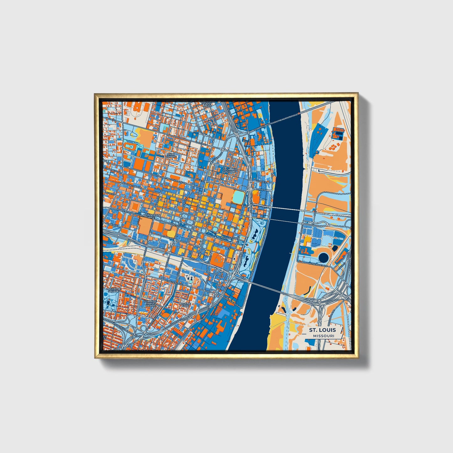 St. Louis Missouri Colorful City Map Canvas Print • Gold Framed
