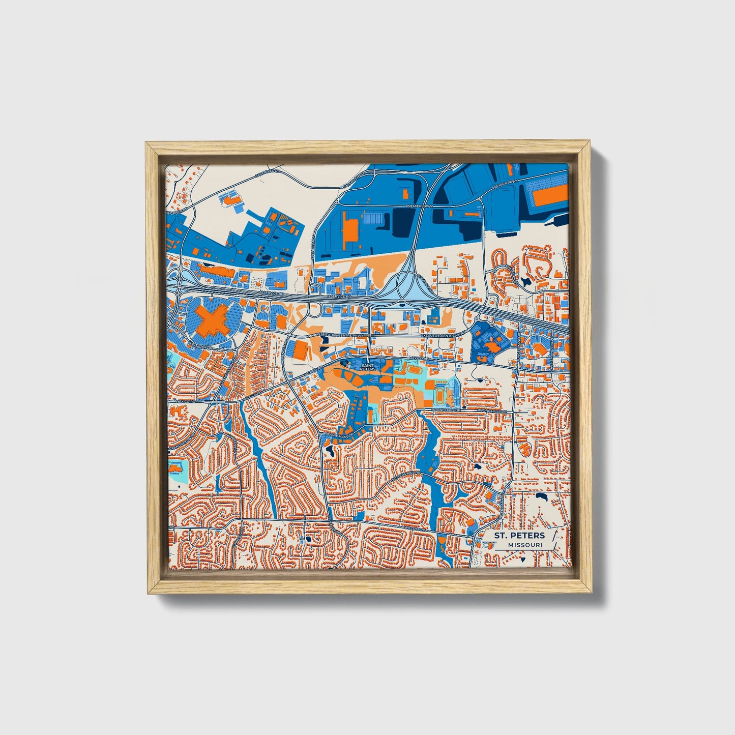 St. Peters Missouri Colorful City Map Canvas Print • Natural Wooden Framed
