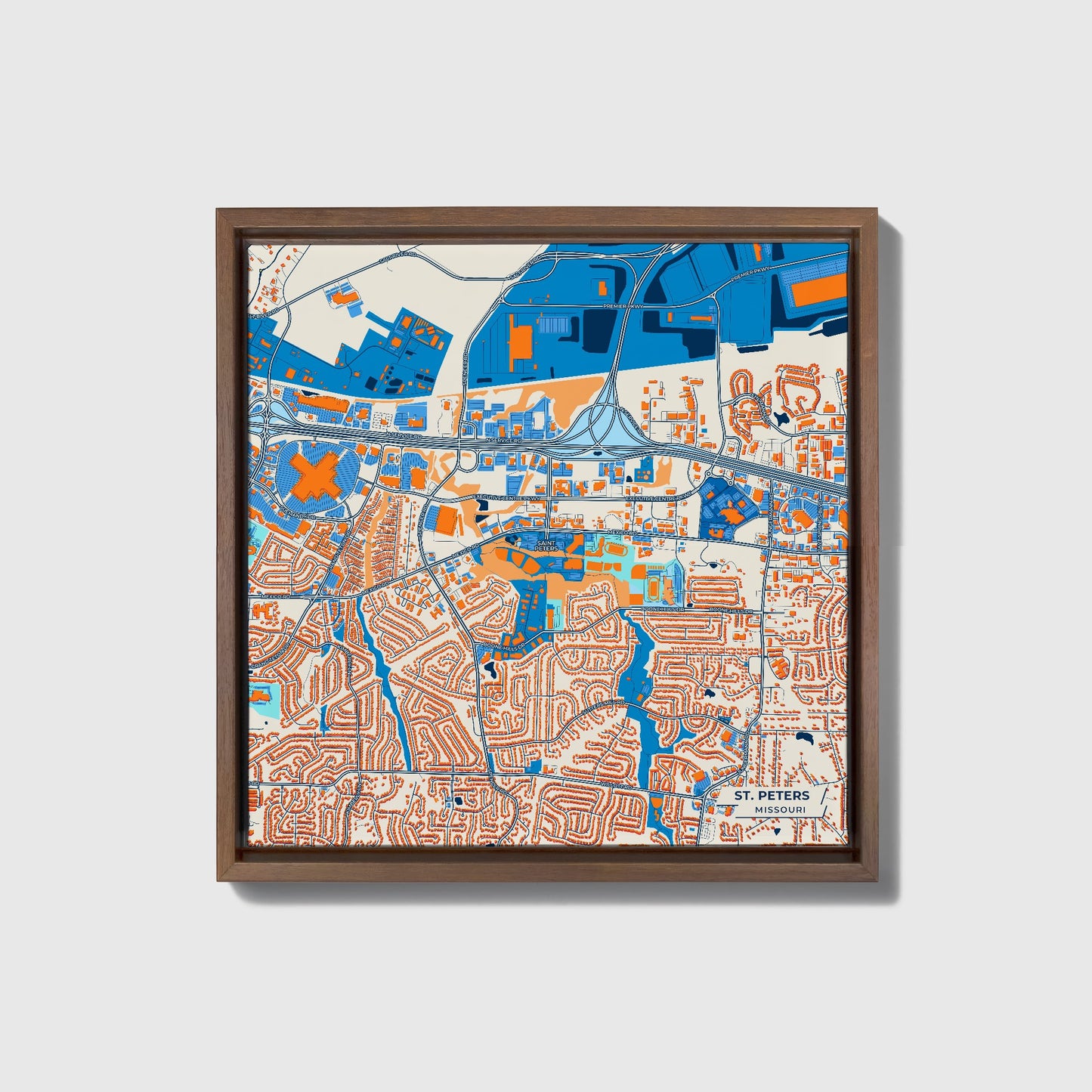 St. Peters Missouri Colorful City Map Canvas Print • Dark Wooden Framed