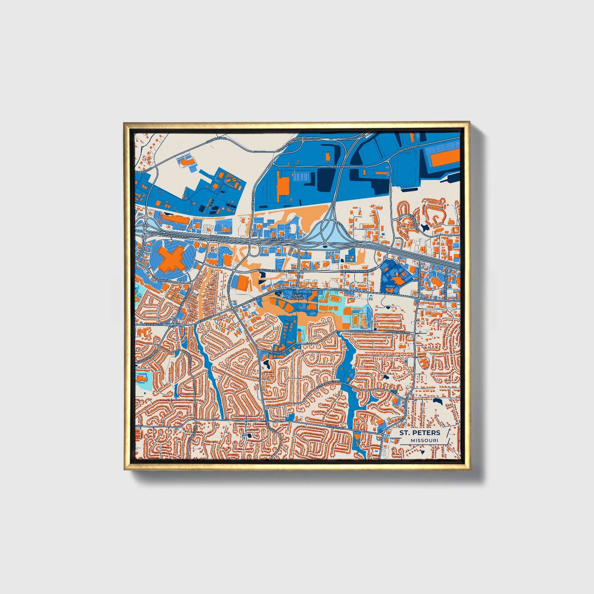 St. Peters Missouri Colorful City Map Canvas Print • Gold Framed