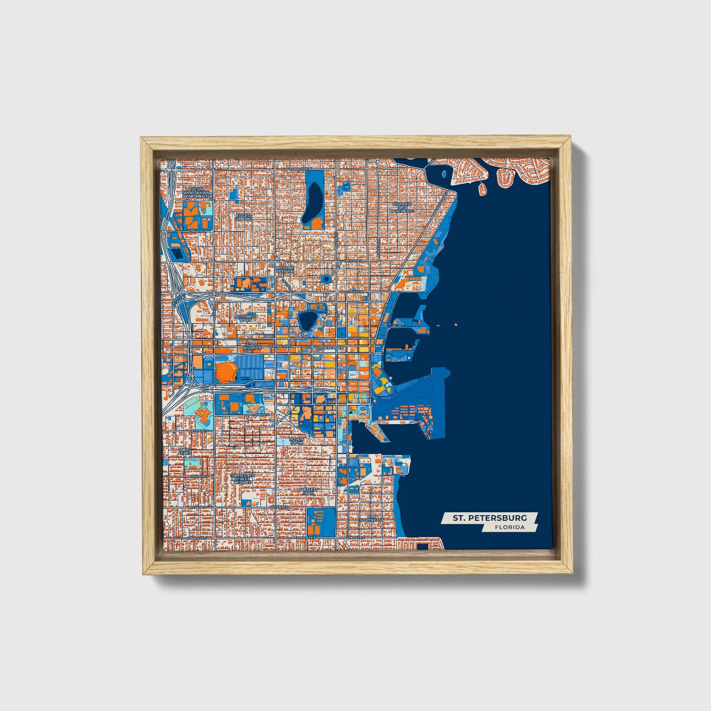 St. Petersburg Florida Colorful City Map Canvas Print • Natural Wooden Framed