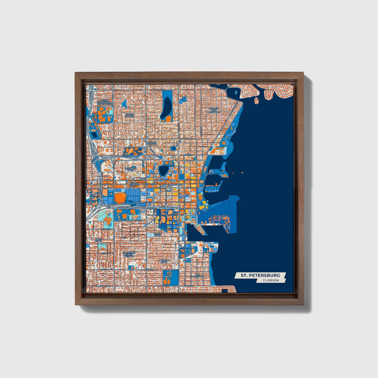 St. Petersburg Florida Colorful City Map Canvas Print • Dark Wooden Framed