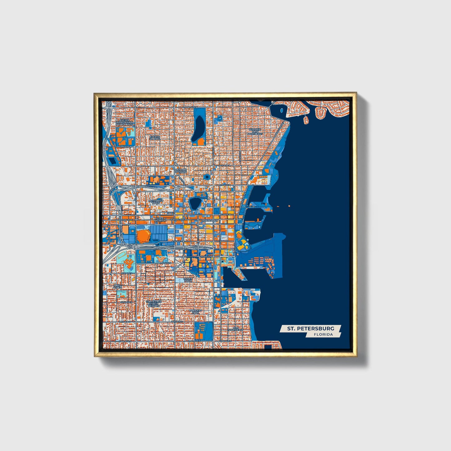 St. Petersburg Florida Colorful City Map Canvas Print • Gold Framed