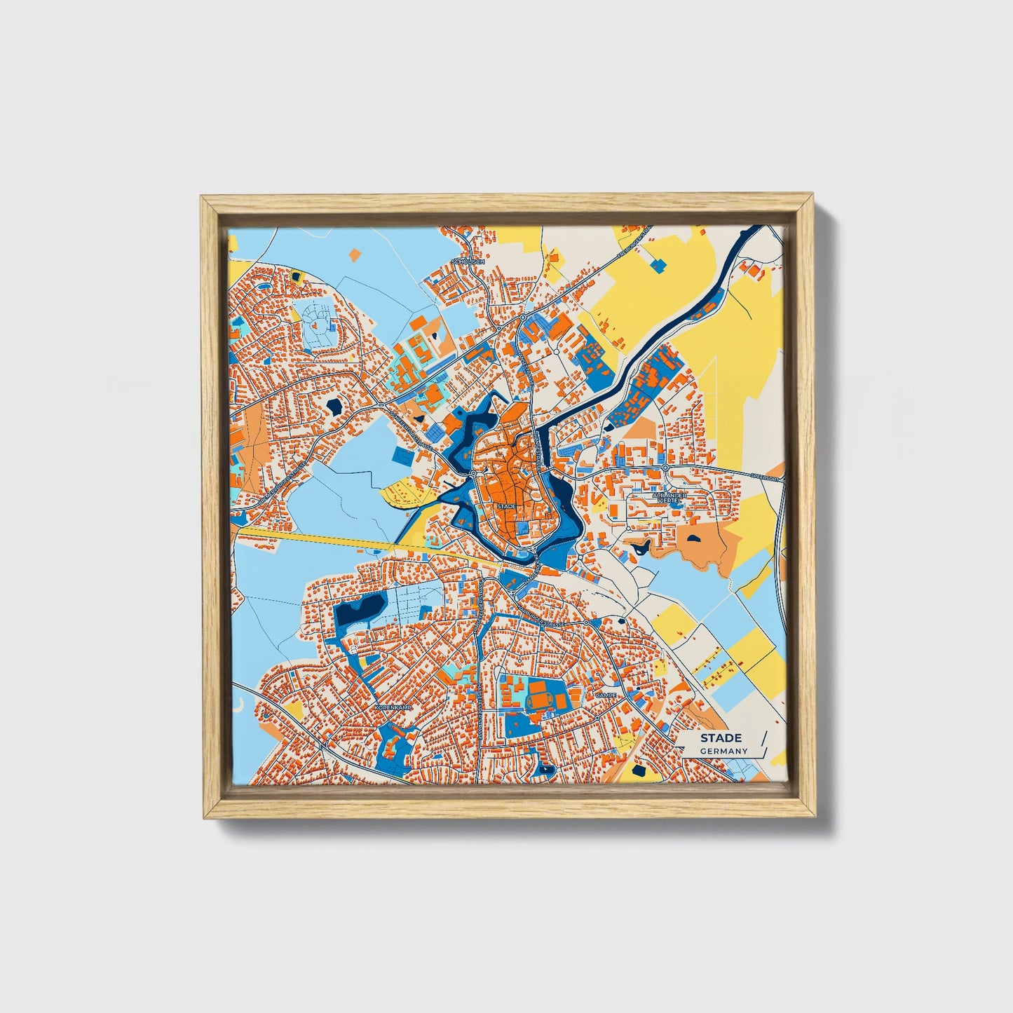 Stade Germany Colorful City Map Canvas Print • Natural Wooden Framed