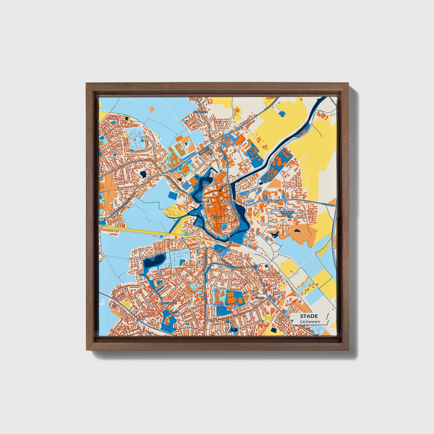 Stade Germany Colorful City Map Canvas Print • Dark Wooden Framed